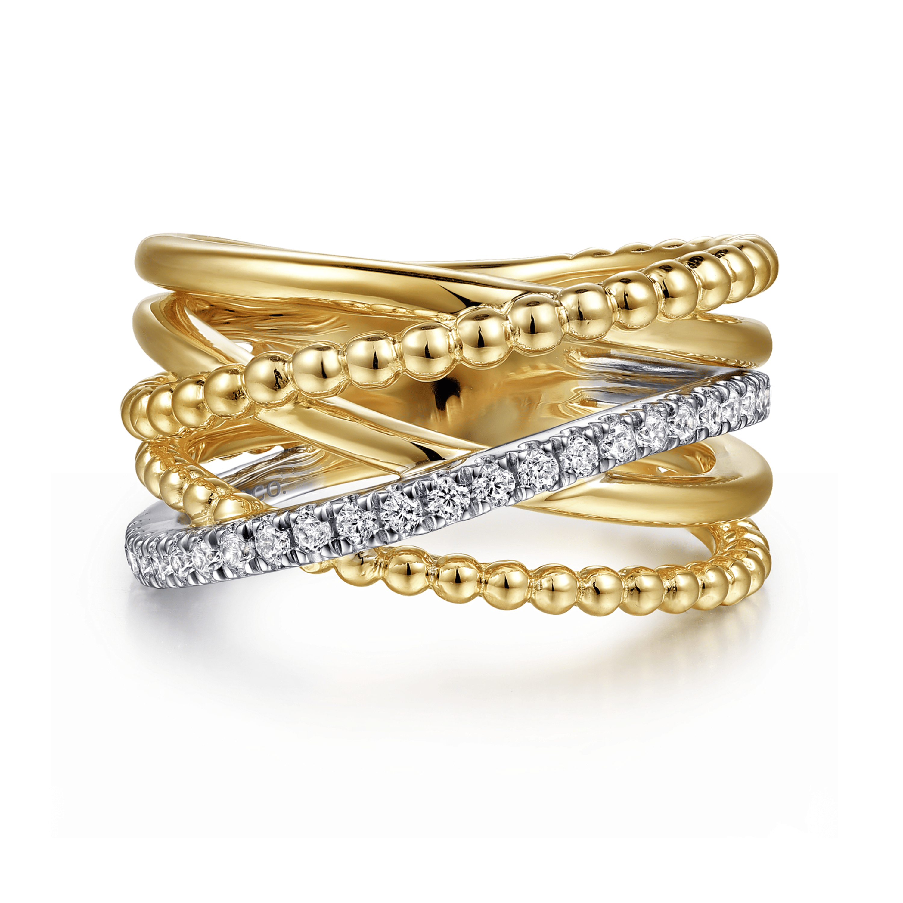 Wide Band Criss Cross Ring 14K White and Yellow Gold Diamond