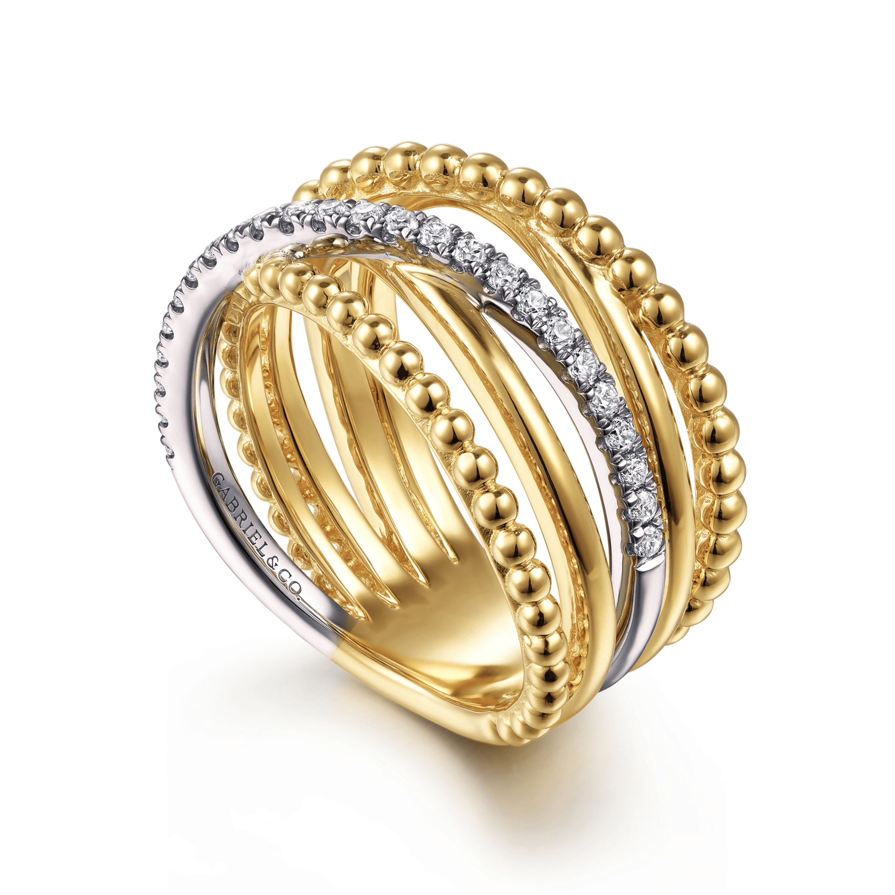 Wide Band Criss Cross Ring 14K White and Yellow Gold Diamond