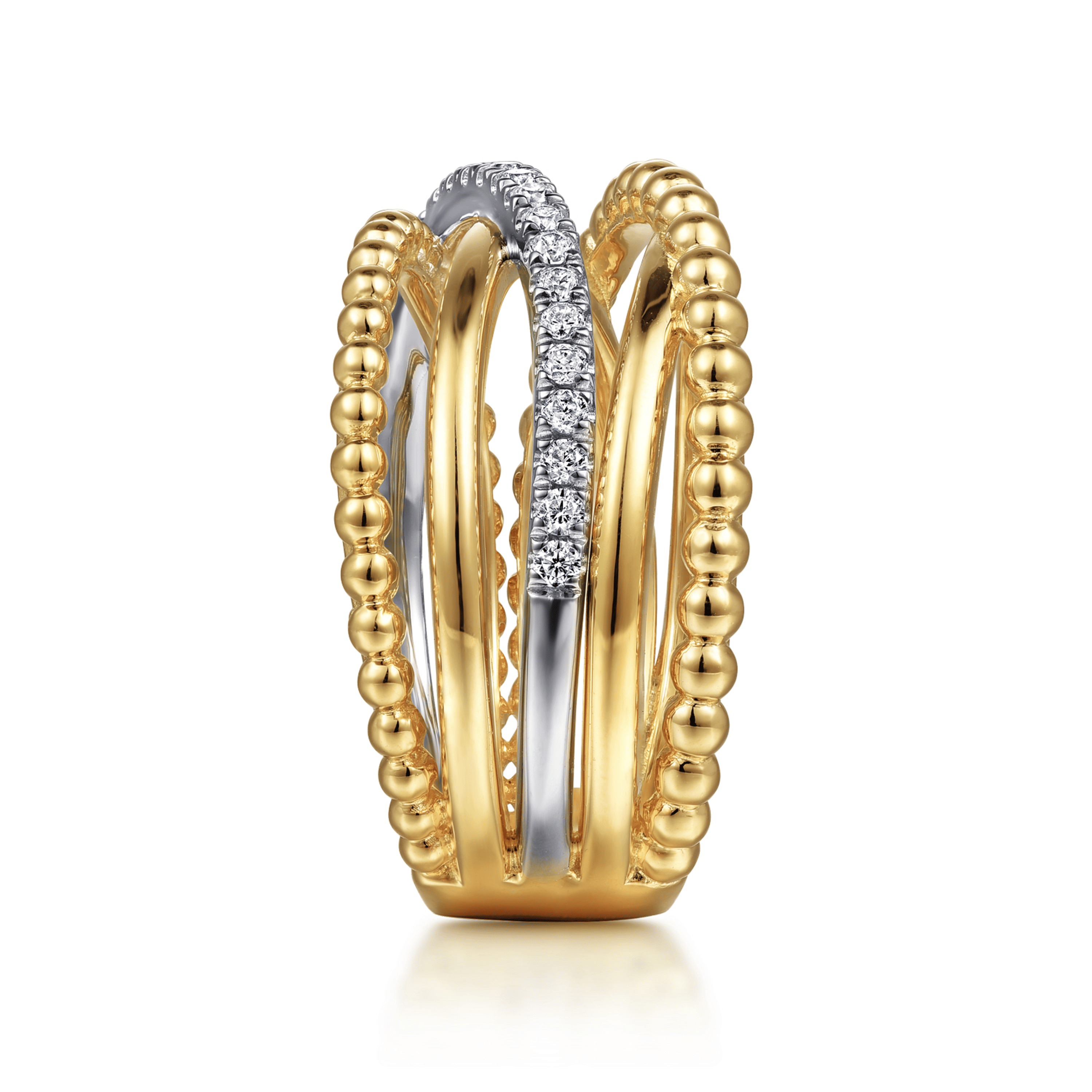 Wide Band Criss Cross Ring 14K White and Yellow Gold Diamond