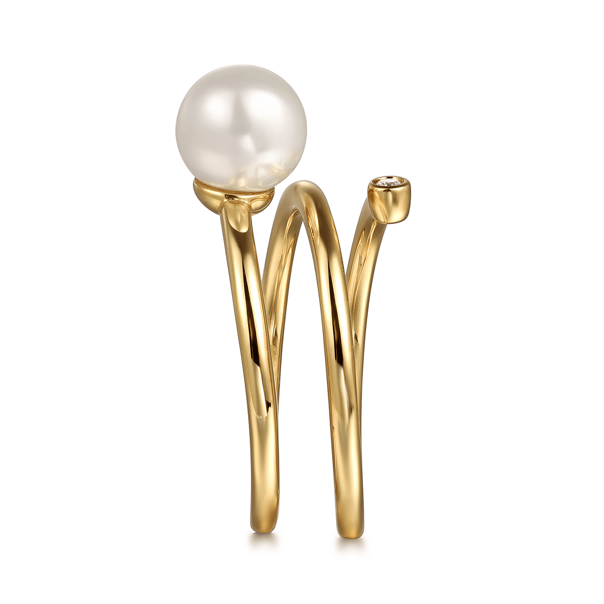 14K Yellow Gold Wide Pearl and Diamond Wrap Ring