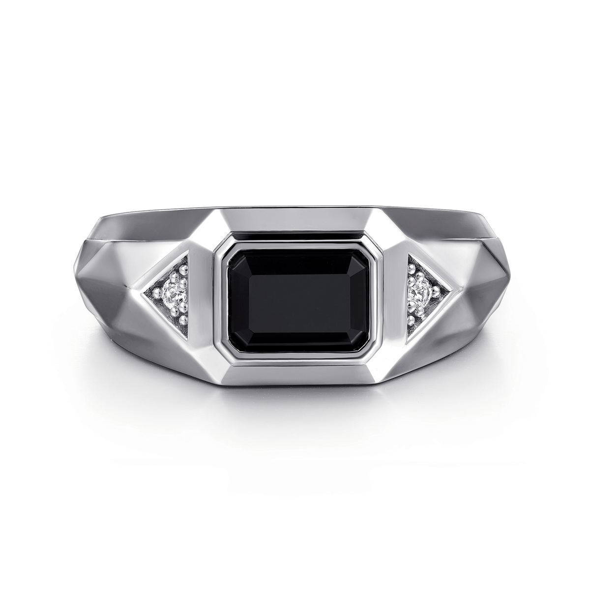 Wide 925 Sterling Silver Faceted Onyx and White Sapphire Mens Ring