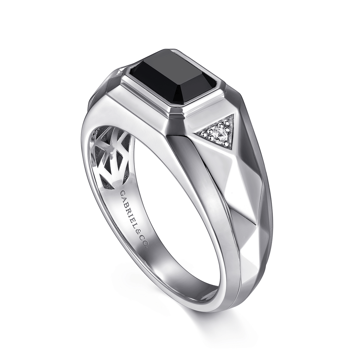 Wide 925 Sterling Silver Faceted Onyx and White Sapphire Mens Ring