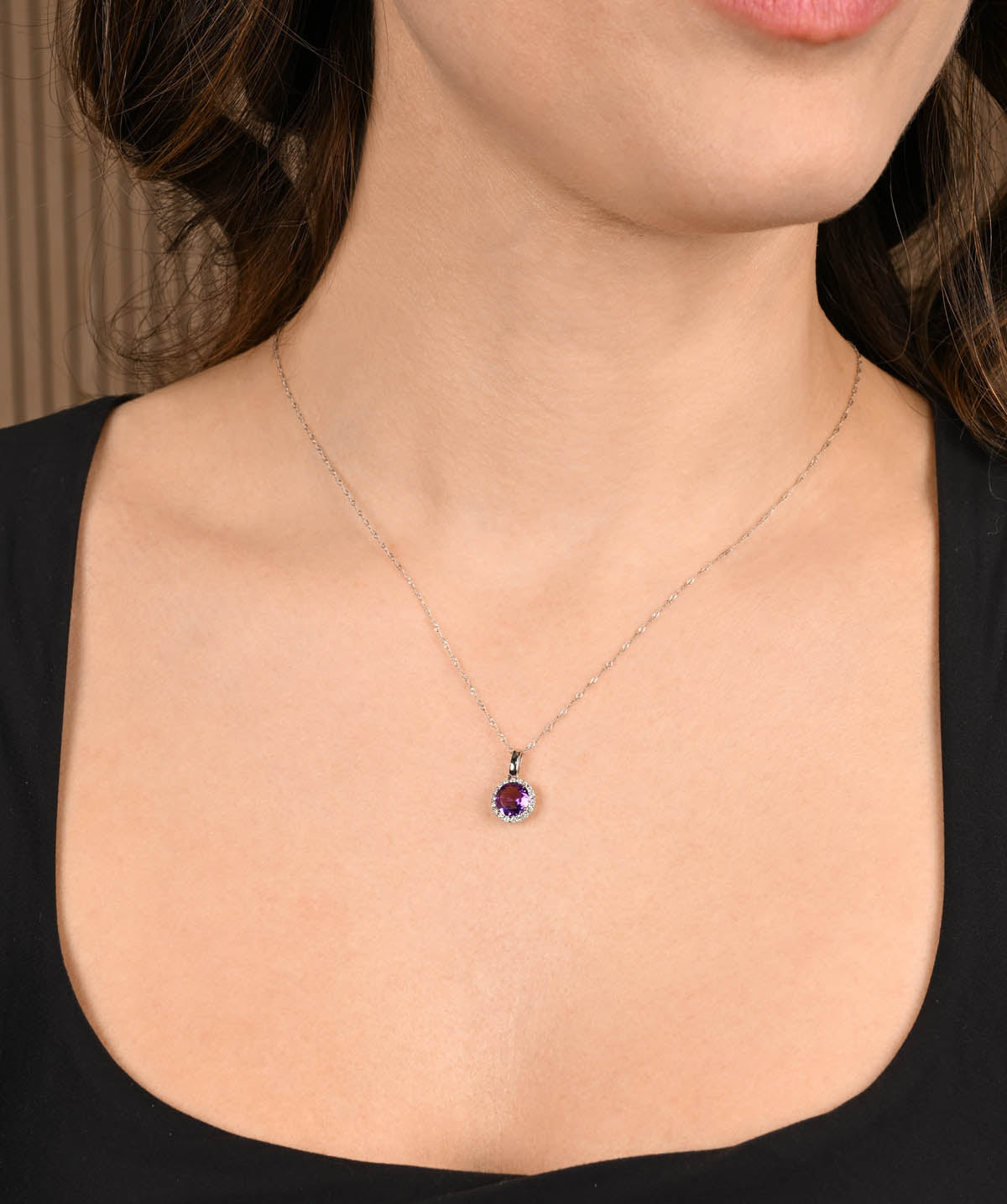 14K White Gold 0.98ct Amethyst and Diamond Halo Pendant