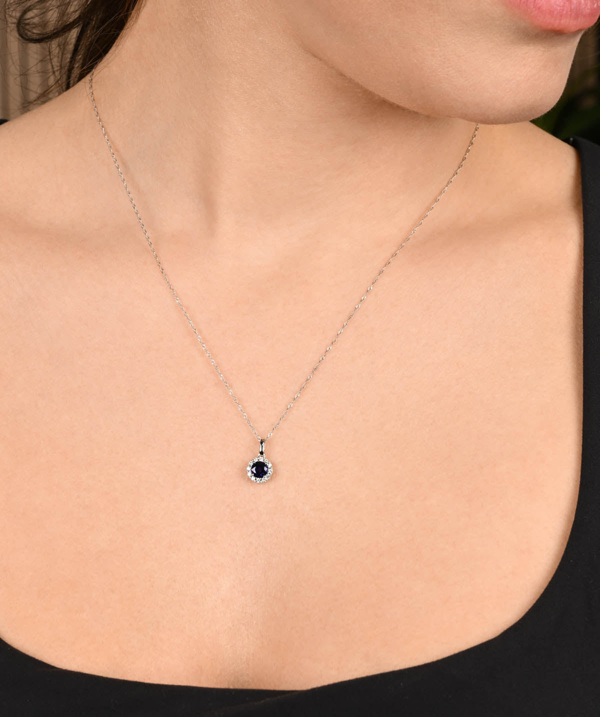 14K White Gold 0.50ct Sapphire and Diamond Halo Pendant Necklace