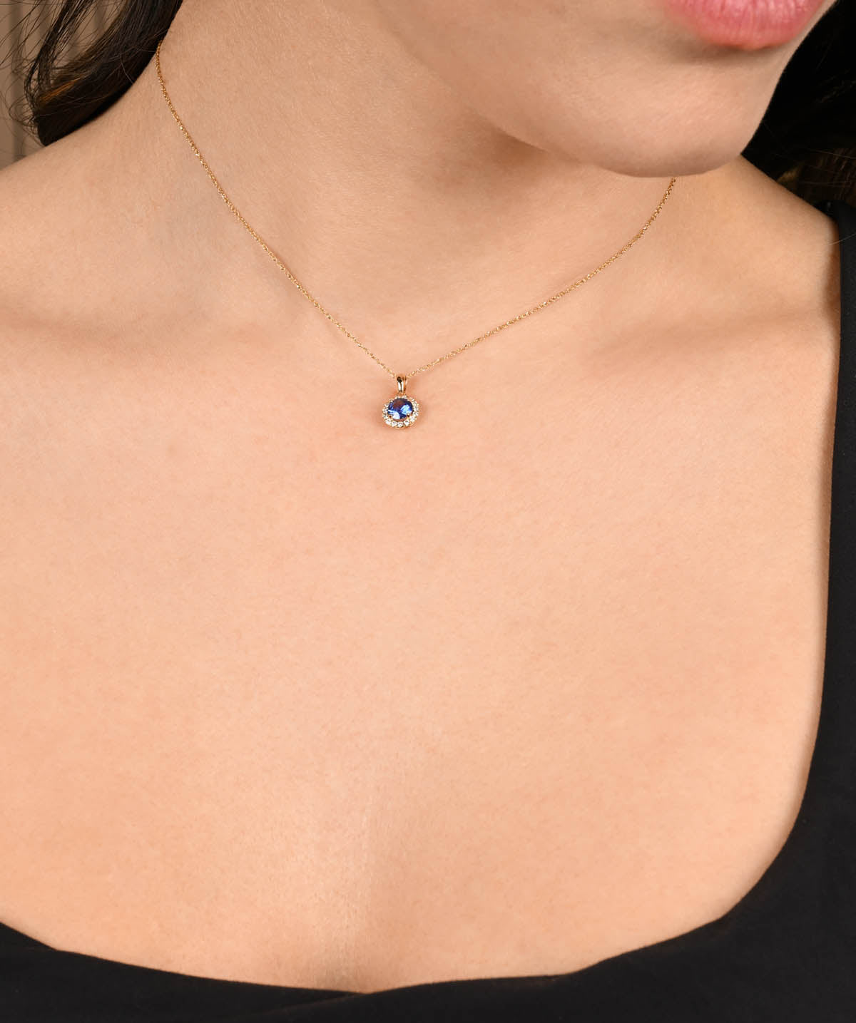 14K Yellow Gold 5mm Ceylon Sapphire and Diamond Halo Pendant