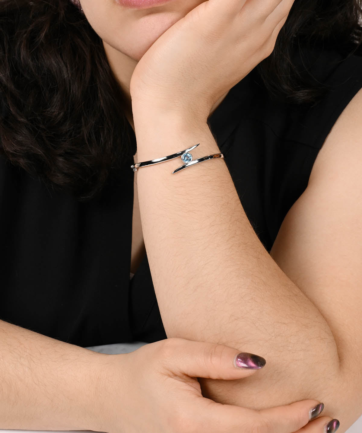 Sterling Silver and 6mm Blue Topaz Bypass Bangle Bracelet