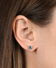 14K White Gold 5mm Swiss Blue Topaz and Diamond Halo Stud Earrings