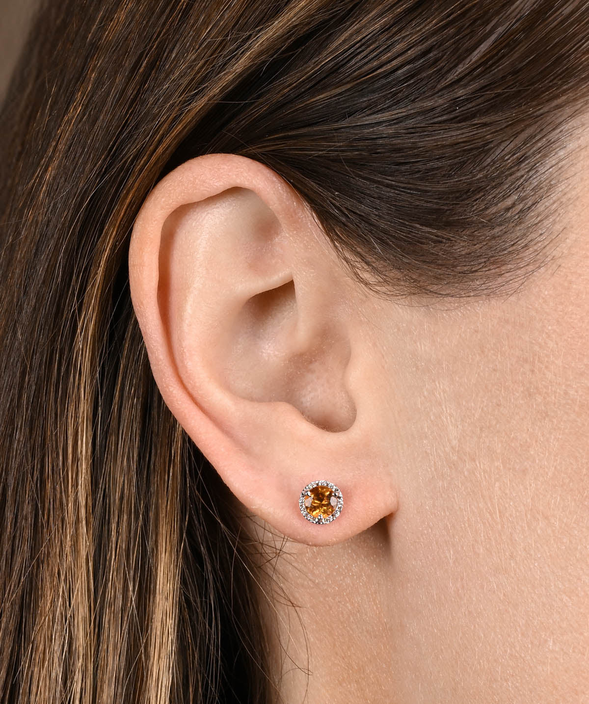 14K White Gold 5mm Citrine and Diamond Halo Stud Earrings