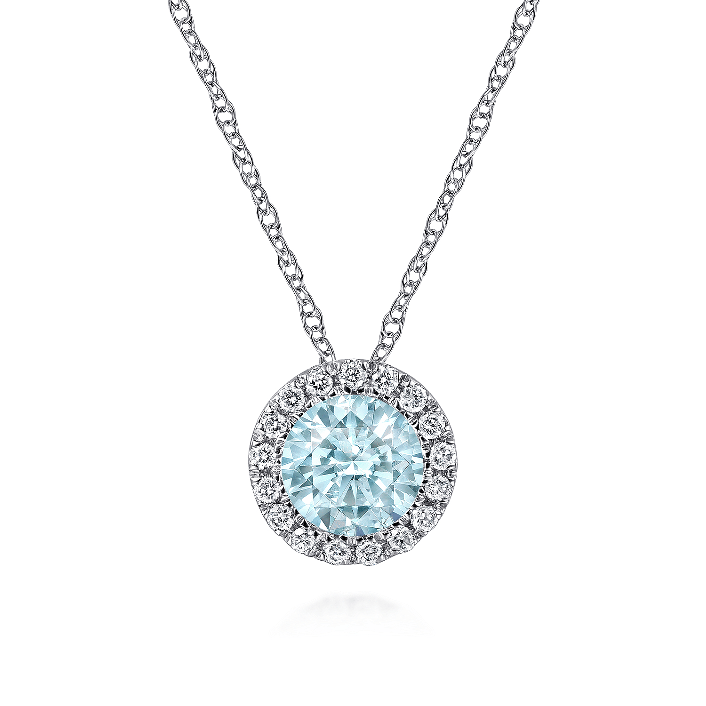 14K White Gold Aquamarine and Diamond Halo Pendant Necklace