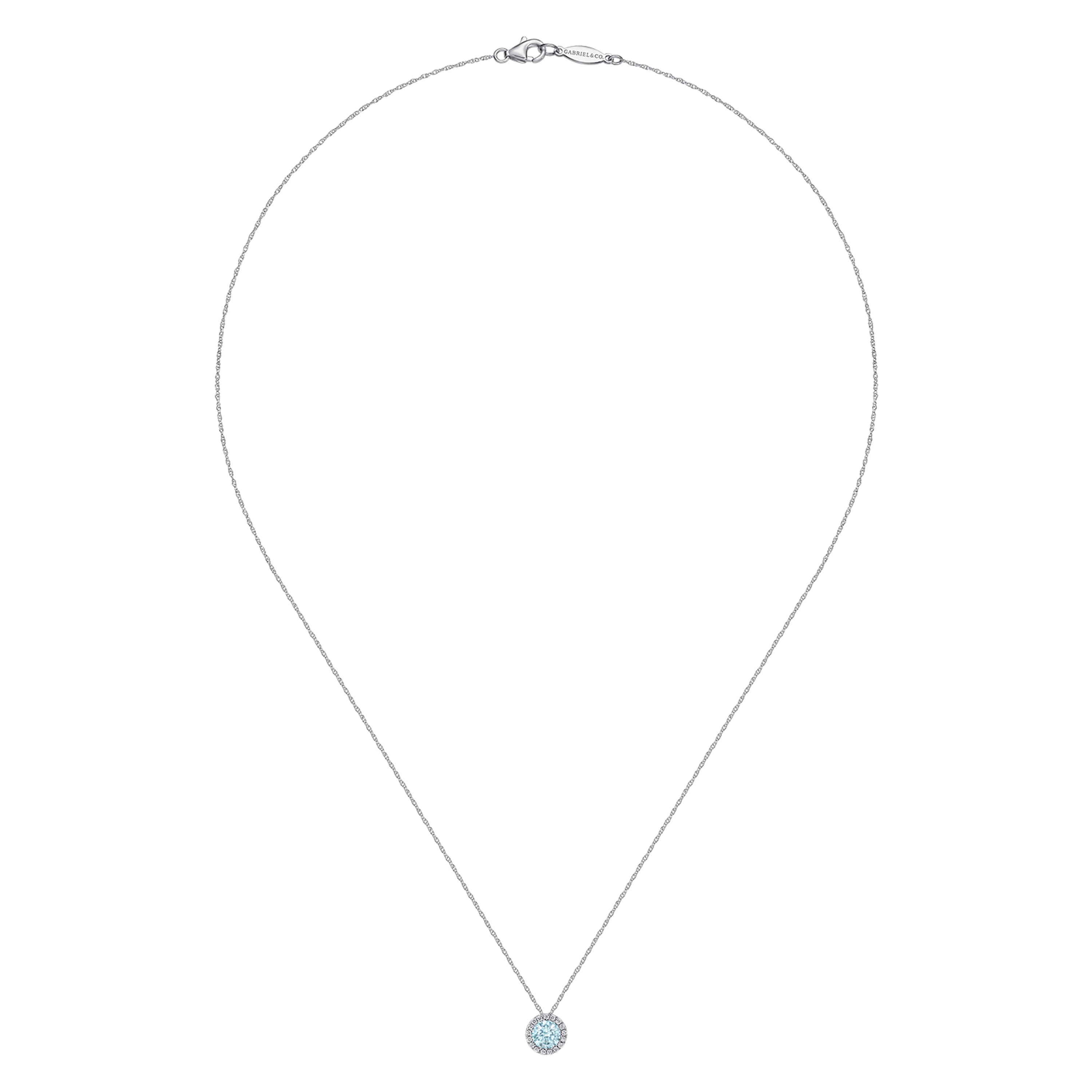 14K White Gold Aquamarine and Diamond Halo Pendant Necklace