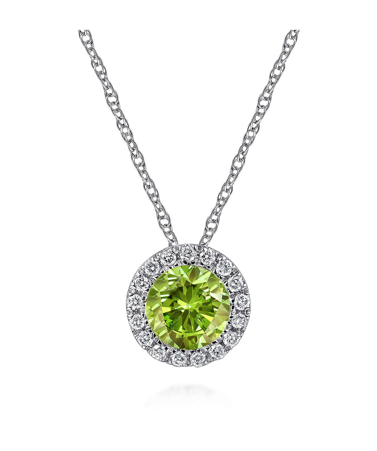 14K White Gold 5mm Peridot and Diamond Halo Pendant Necklace