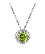 14K White Gold 5mm Peridot and Diamond Halo Pendant Necklace