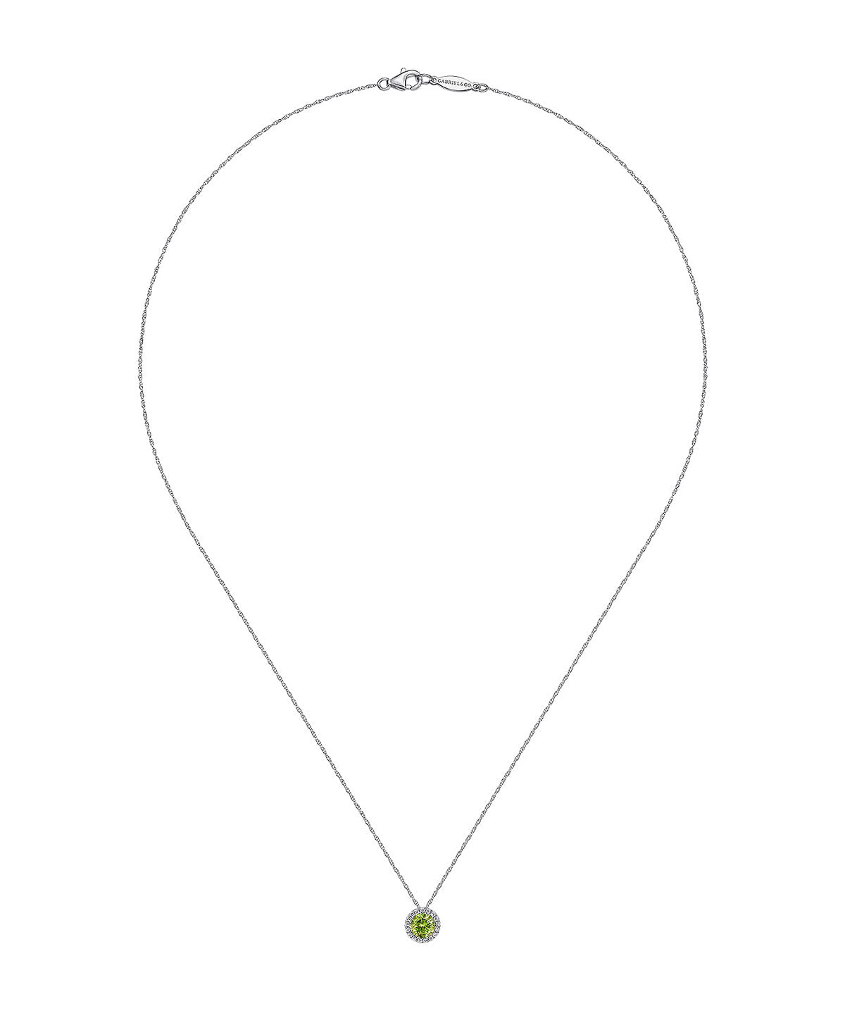 14K White Gold 5mm Peridot and Diamond Halo Pendant Necklace