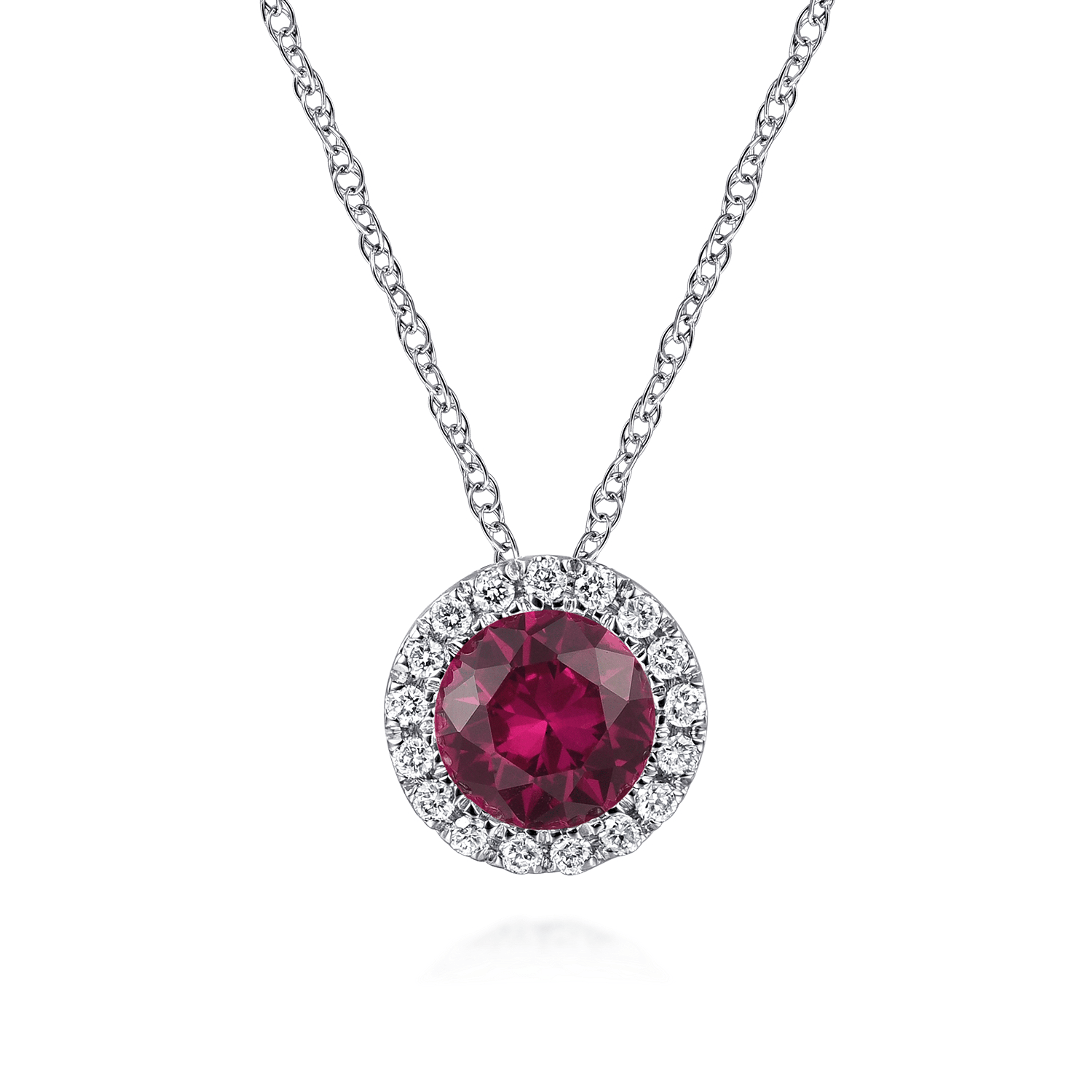 14K White Gold Ruby and Diamond Halo Pendant Necklace