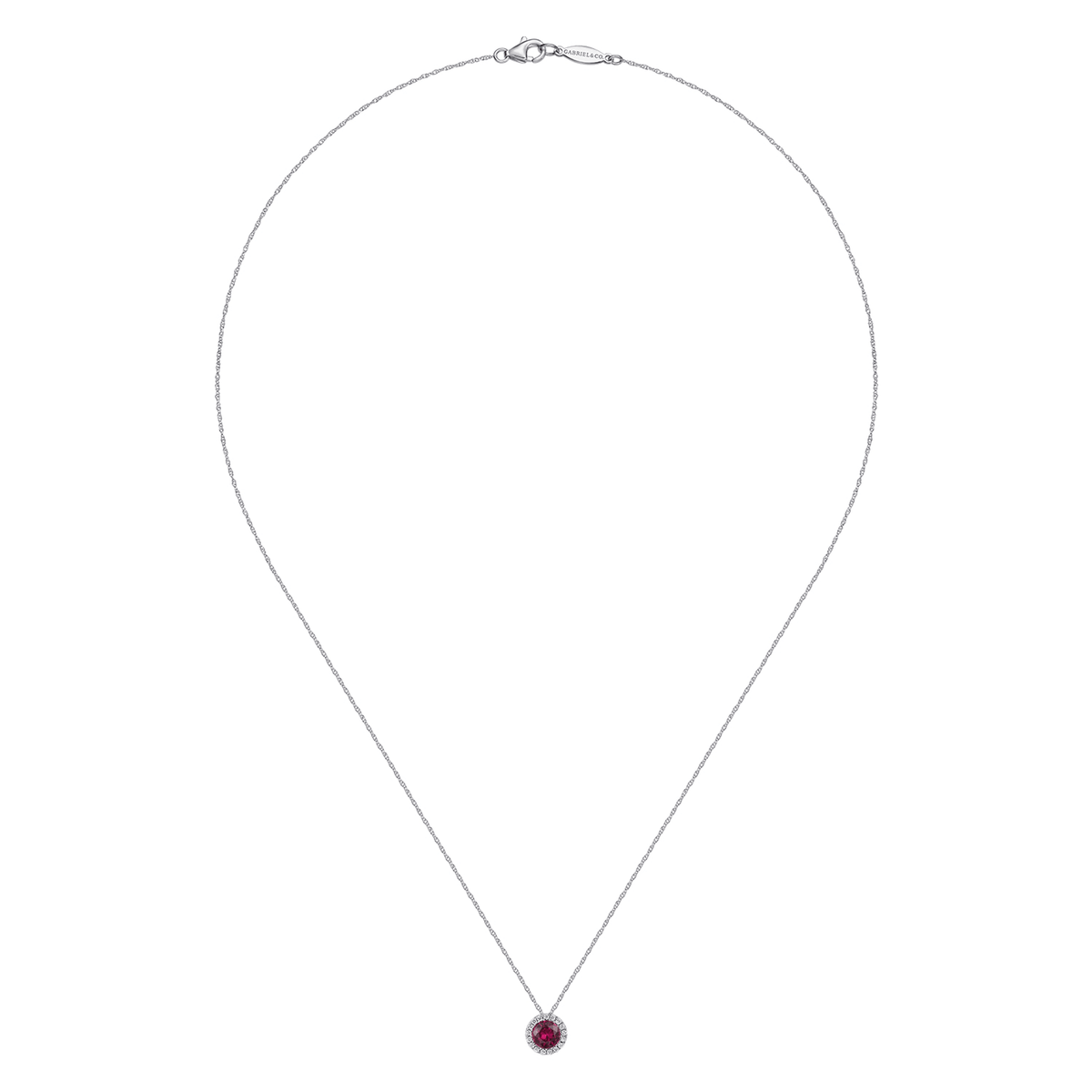 14K White Gold Ruby and Diamond Halo Pendant Necklace