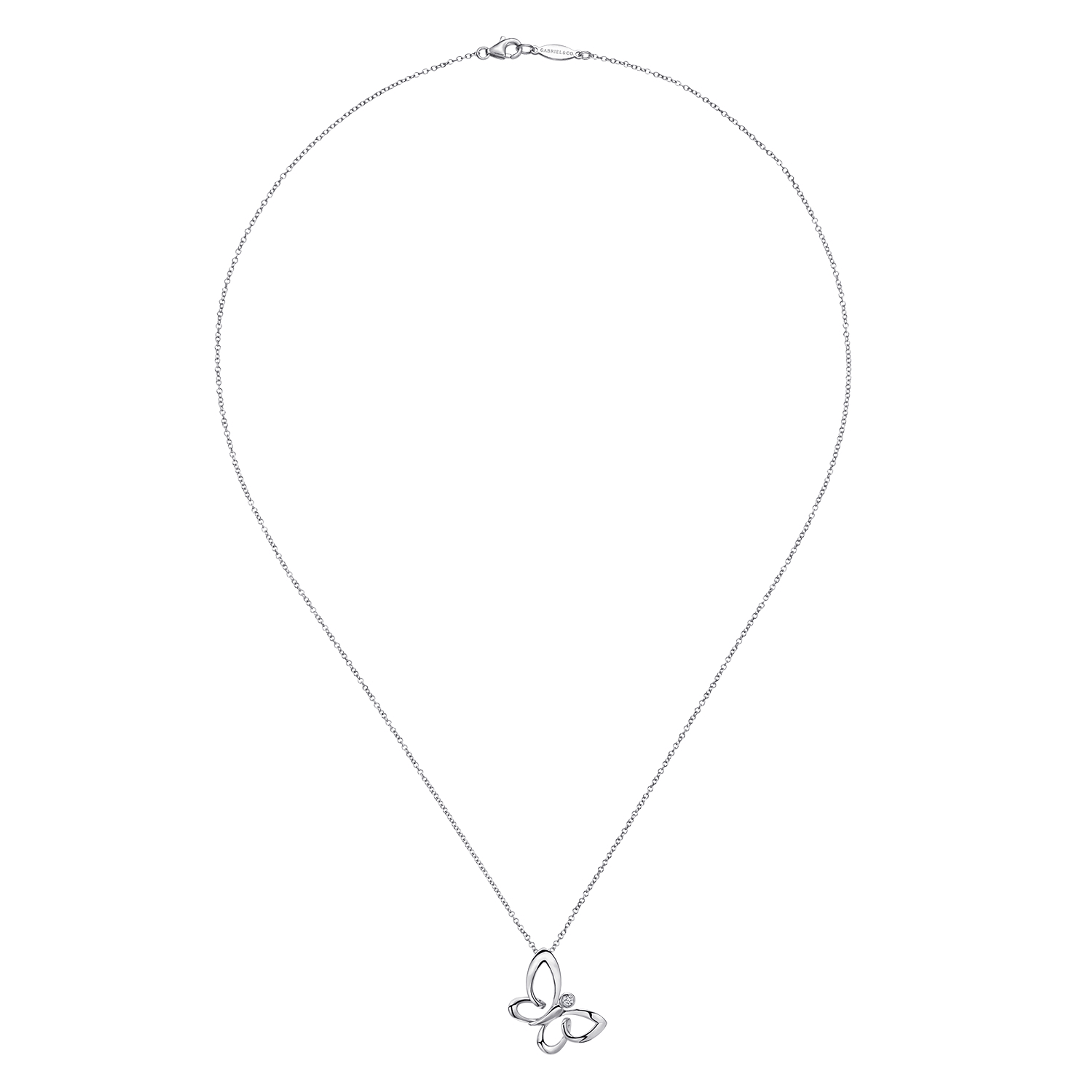 925 Sterling Silver White Sapphire Sideways Butterfly Pendant Necklace