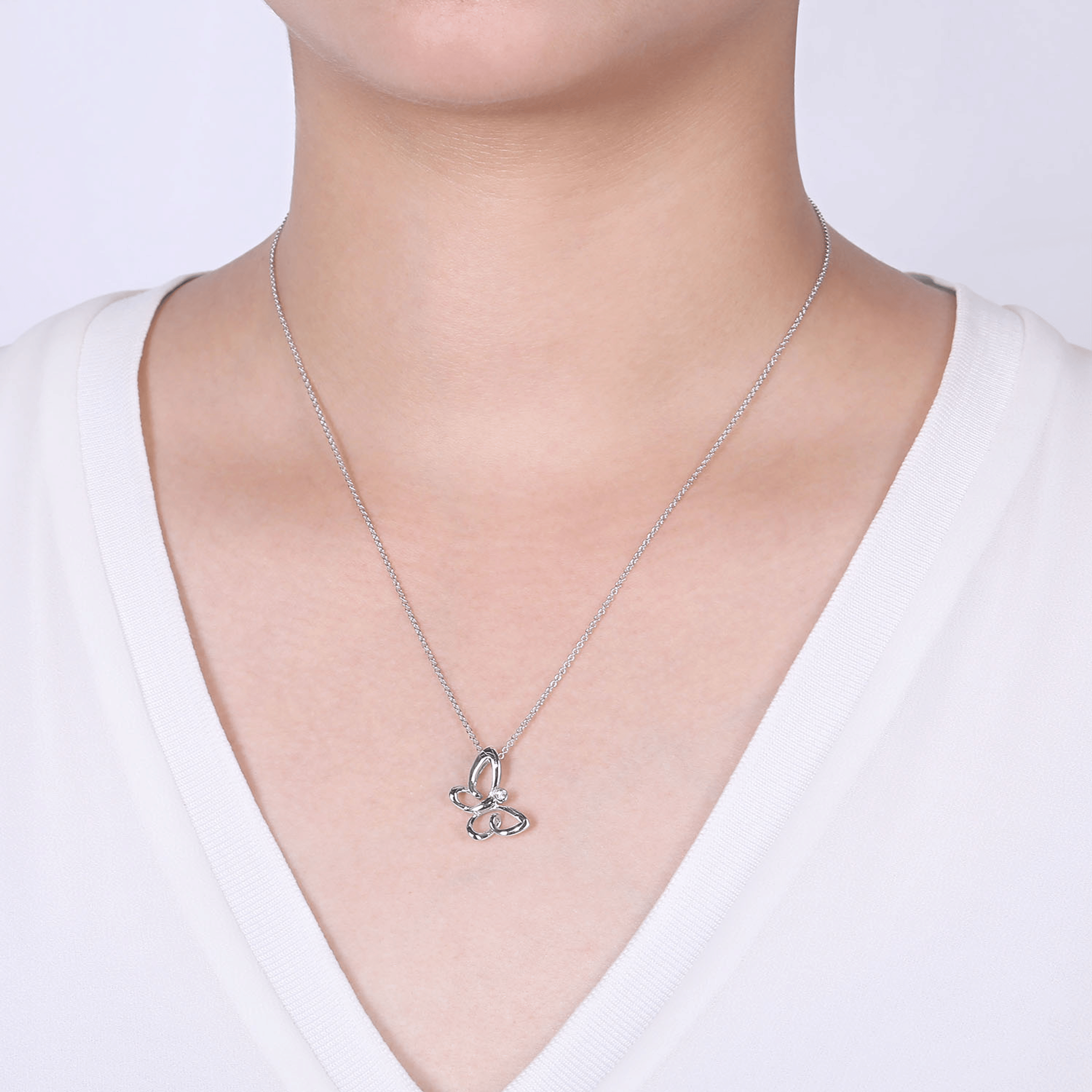 925 Sterling Silver White Sapphire Sideways Butterfly Pendant Necklace
