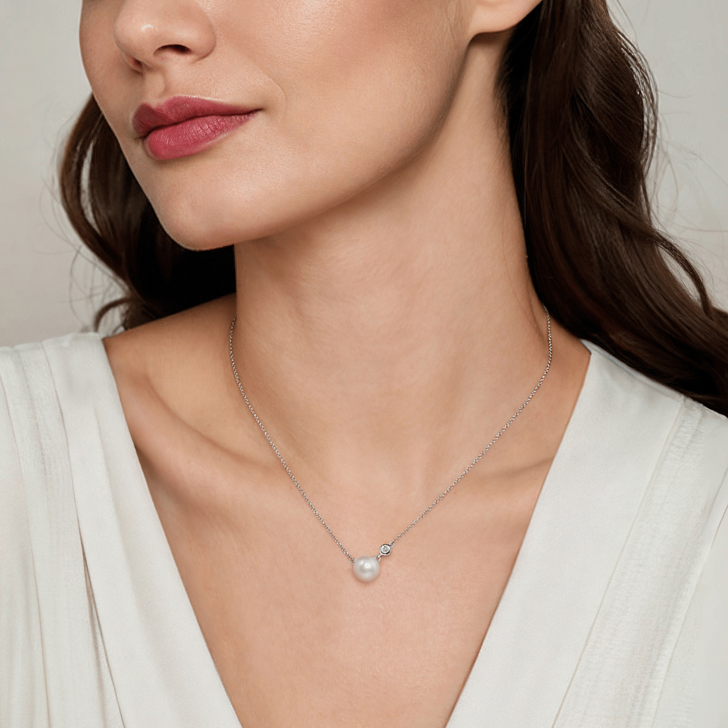 925 Sterling Silver Cultured Pearl and Diamond Pendant Necklace