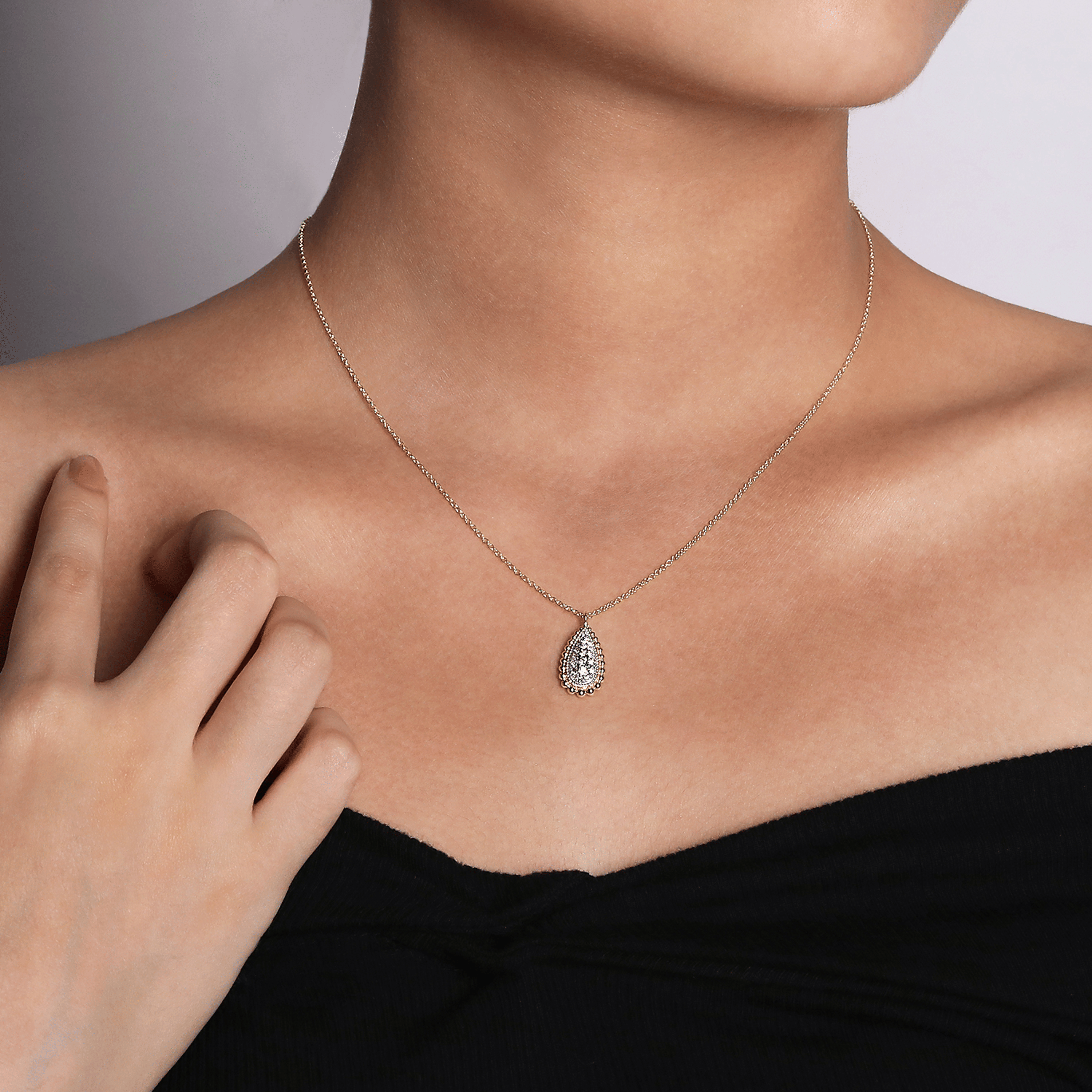 14K Yellow Gold Bujukan Pave Diamond Teardrop Pendant Necklace
