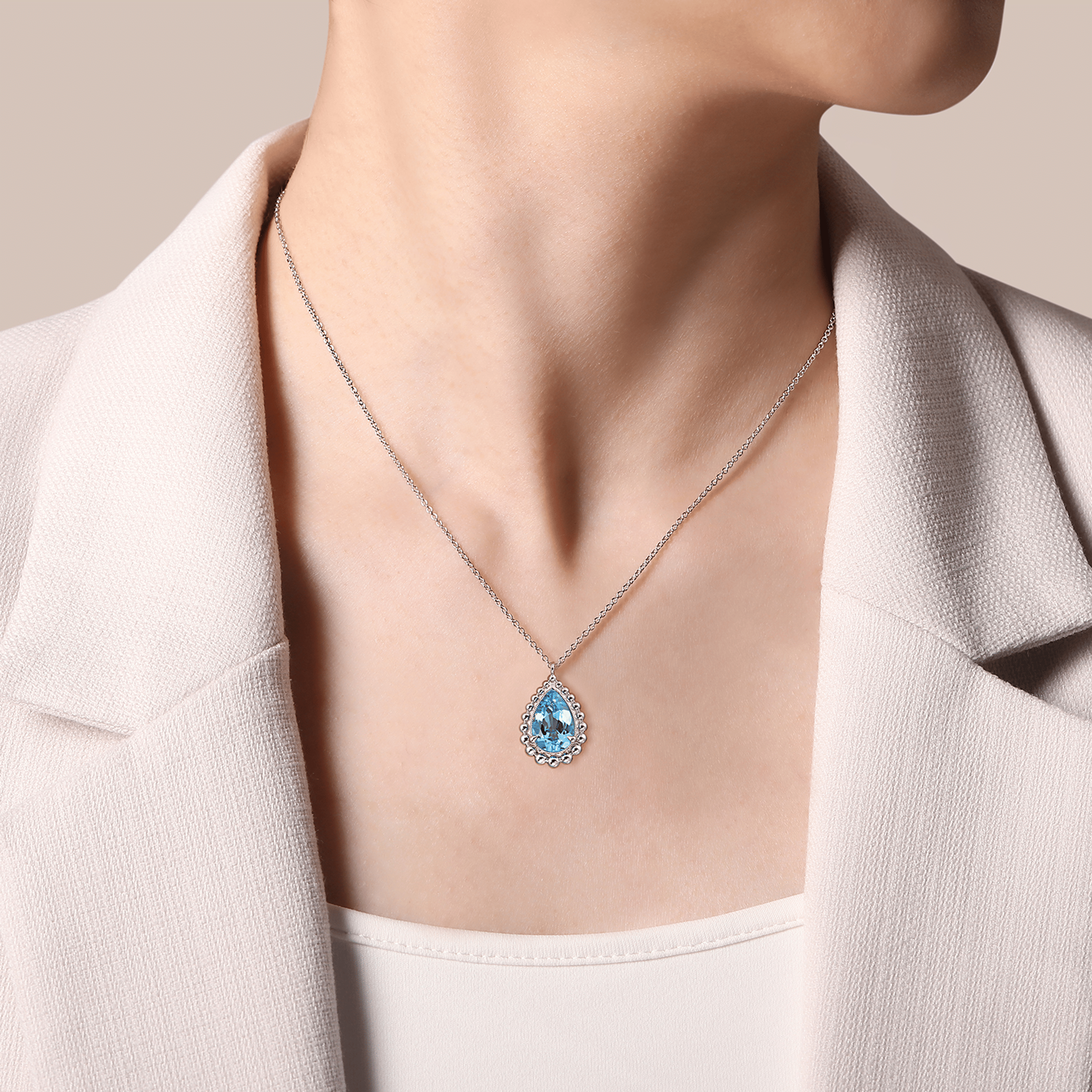 925 Sterling Silver Swiss Blue Topaz Teardrop Pendant Necklace-Bujukan