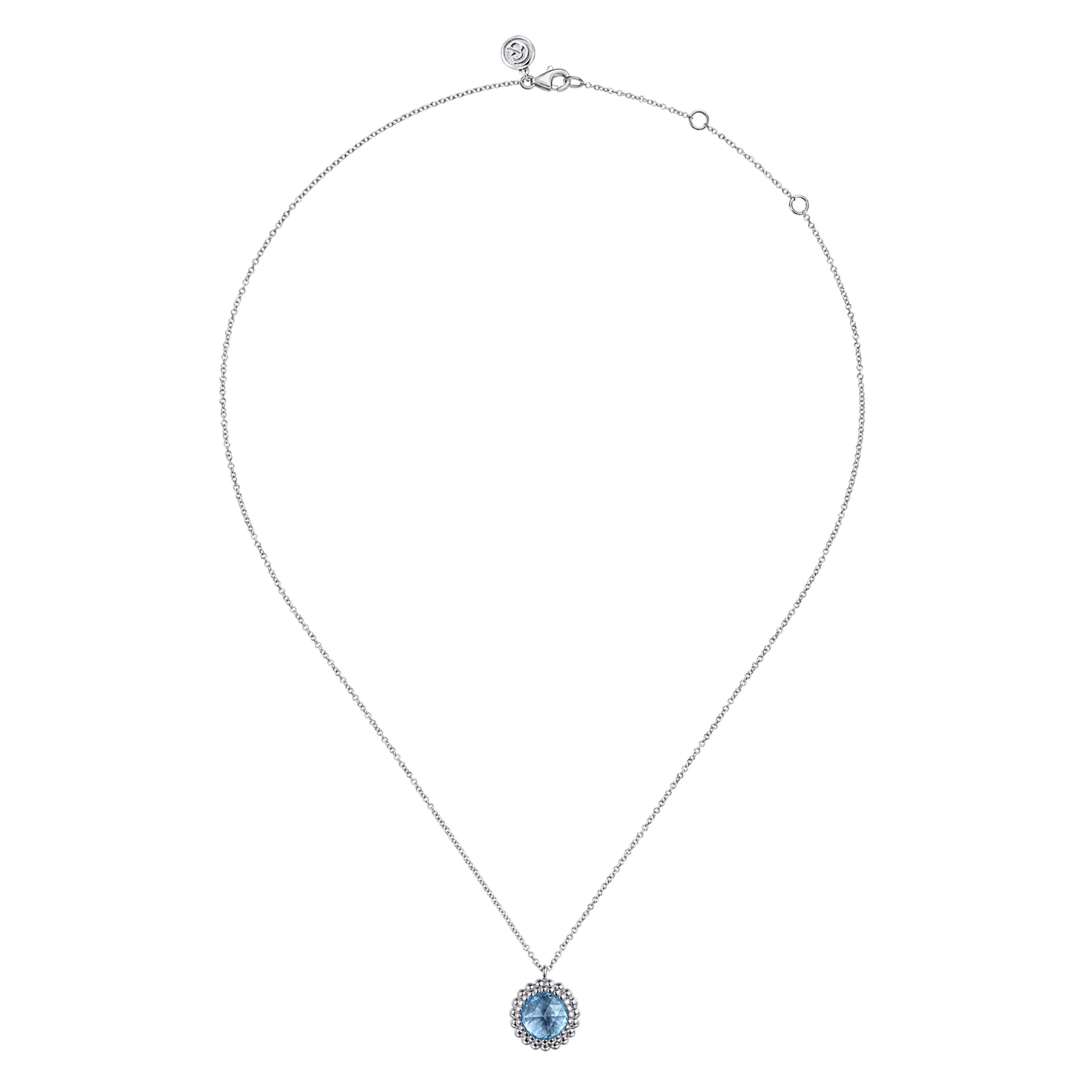 925 Sterling Silver Swiss Blue Topaz Bujukan Round Shape Necklace with Pattern