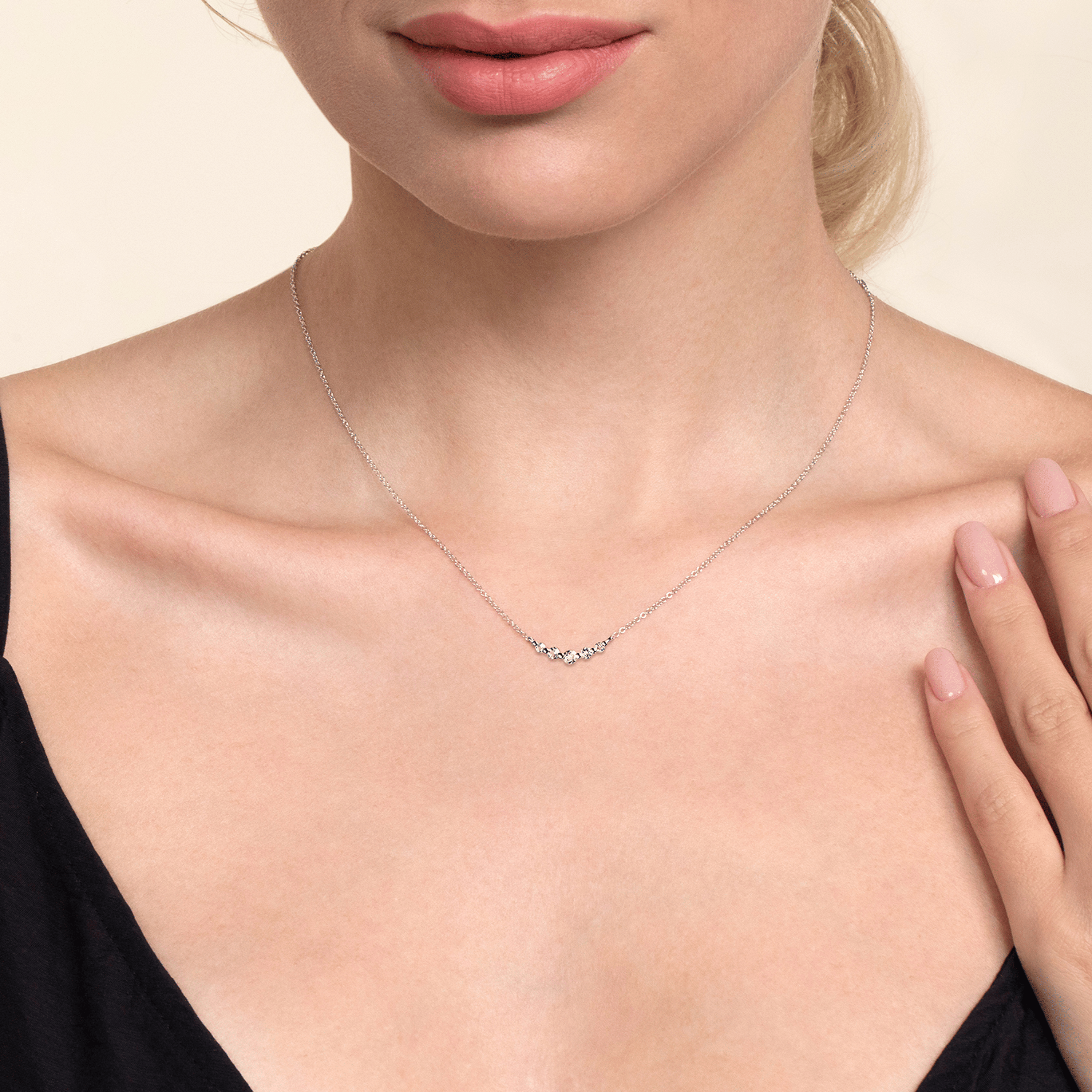 Bar Necklace Curved 14K White Gold White Sapphire