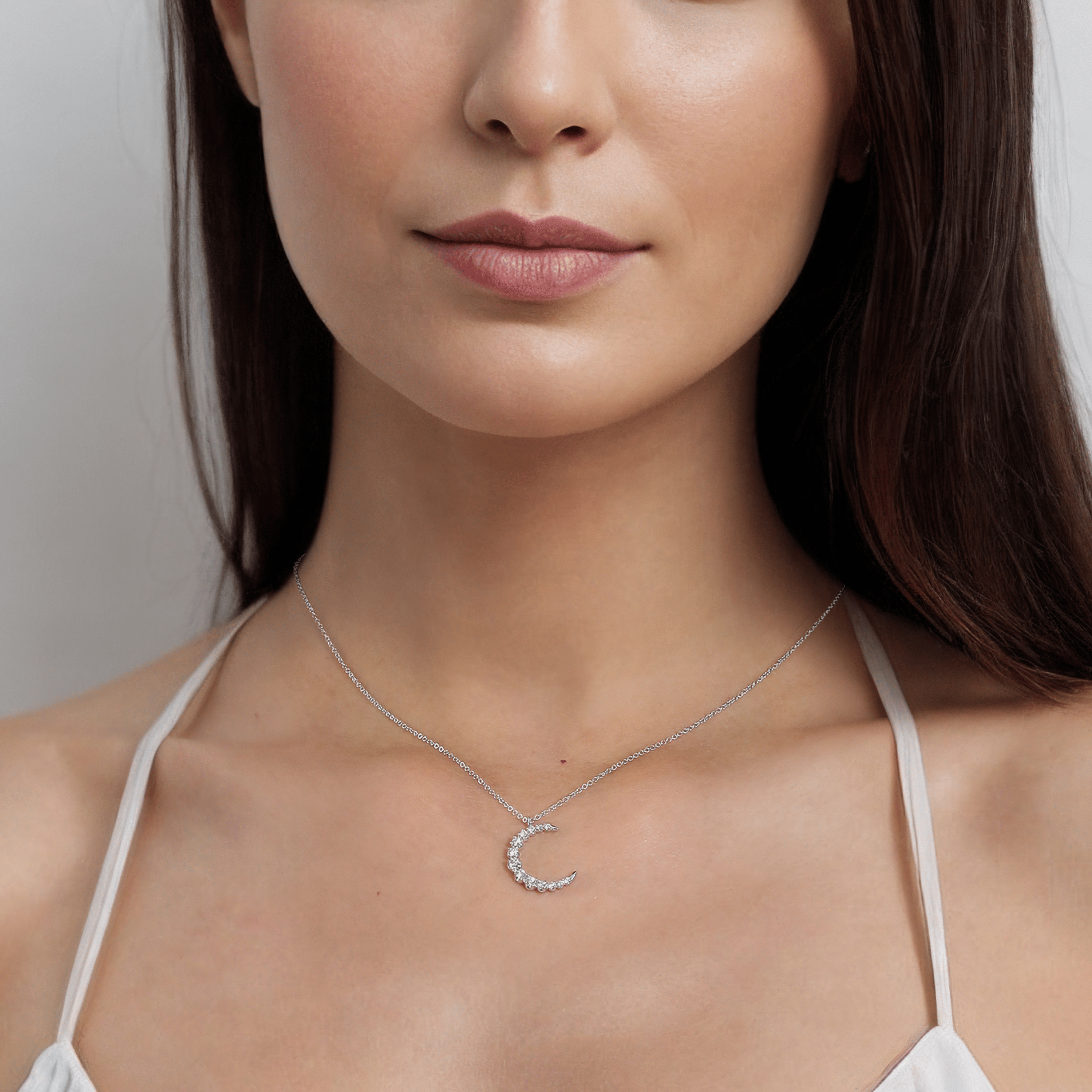 14K White Gold Graduating Diamond Moon Pendant Necklace