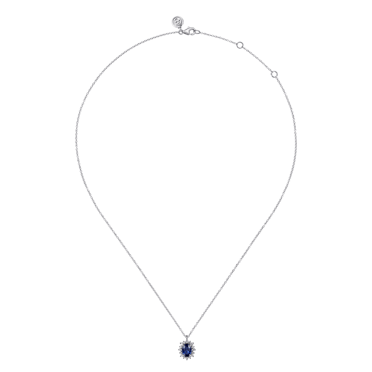 14K White Gold Diamond Halo and Oval Sapphire Classic Pendant Necklace