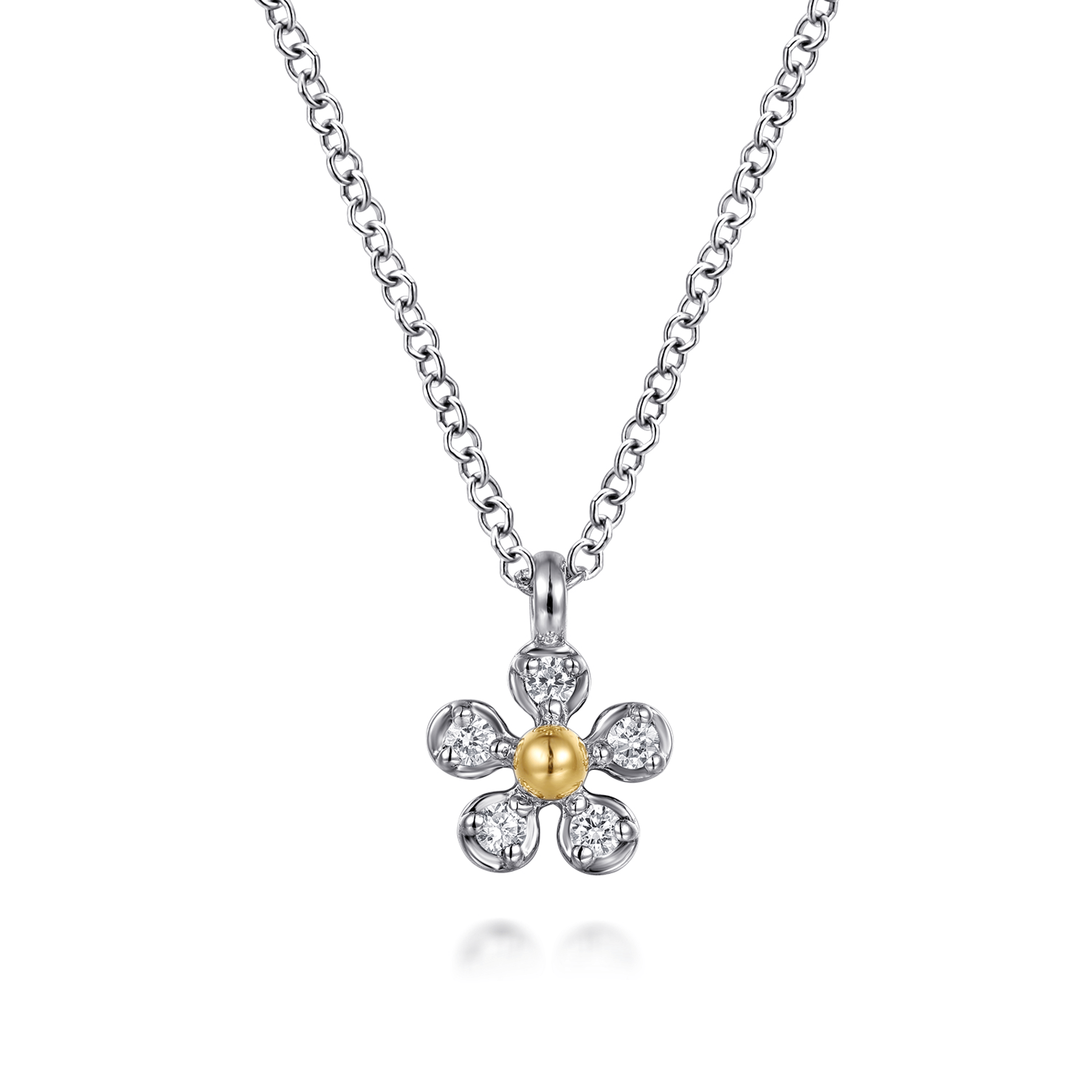 Pendant Necklace 14K Yellow Gold and 925 Sterling Silver Diamond 0.08ct