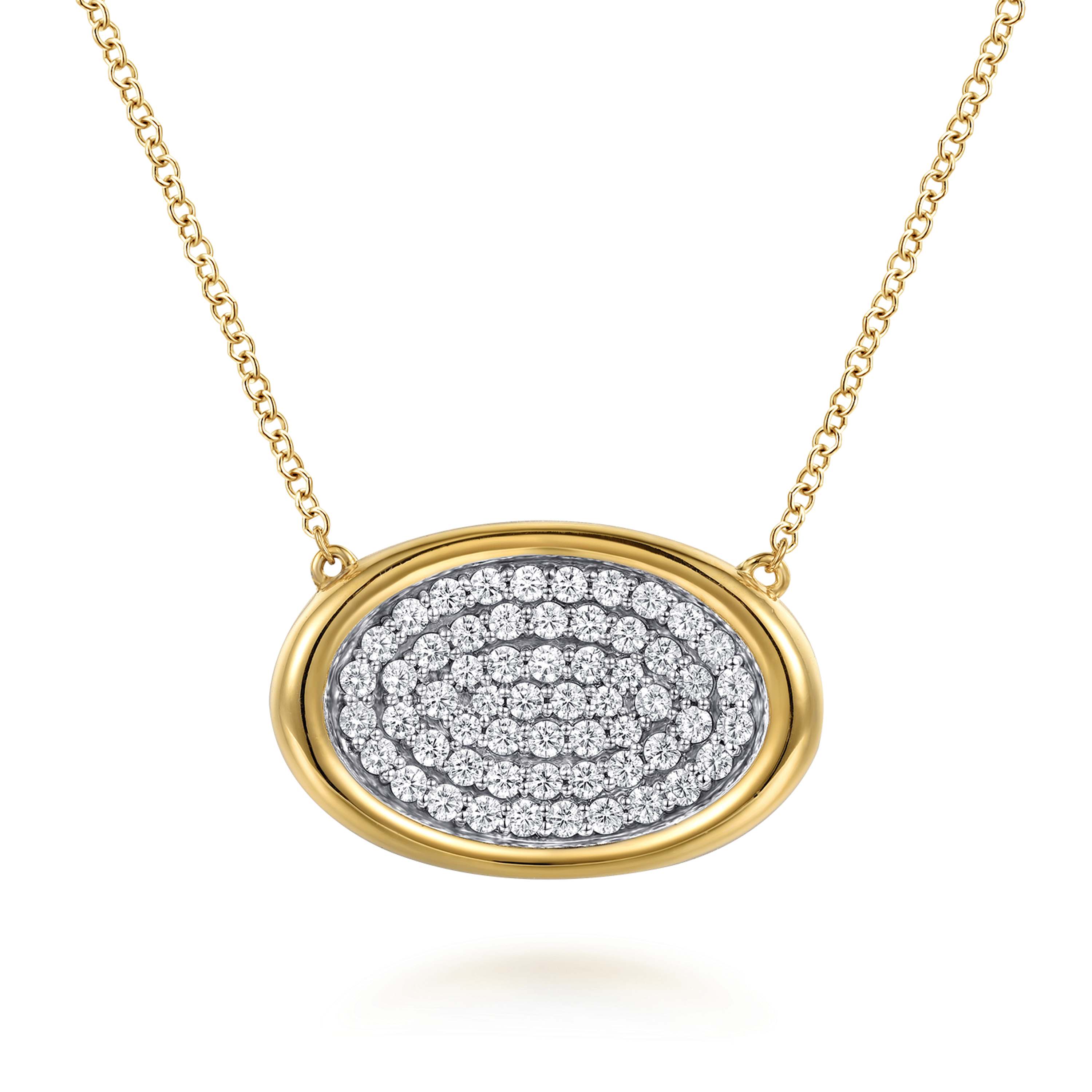 14K White Yellow Gold Pave Diamond Horizontal Oval Pendant Necklace