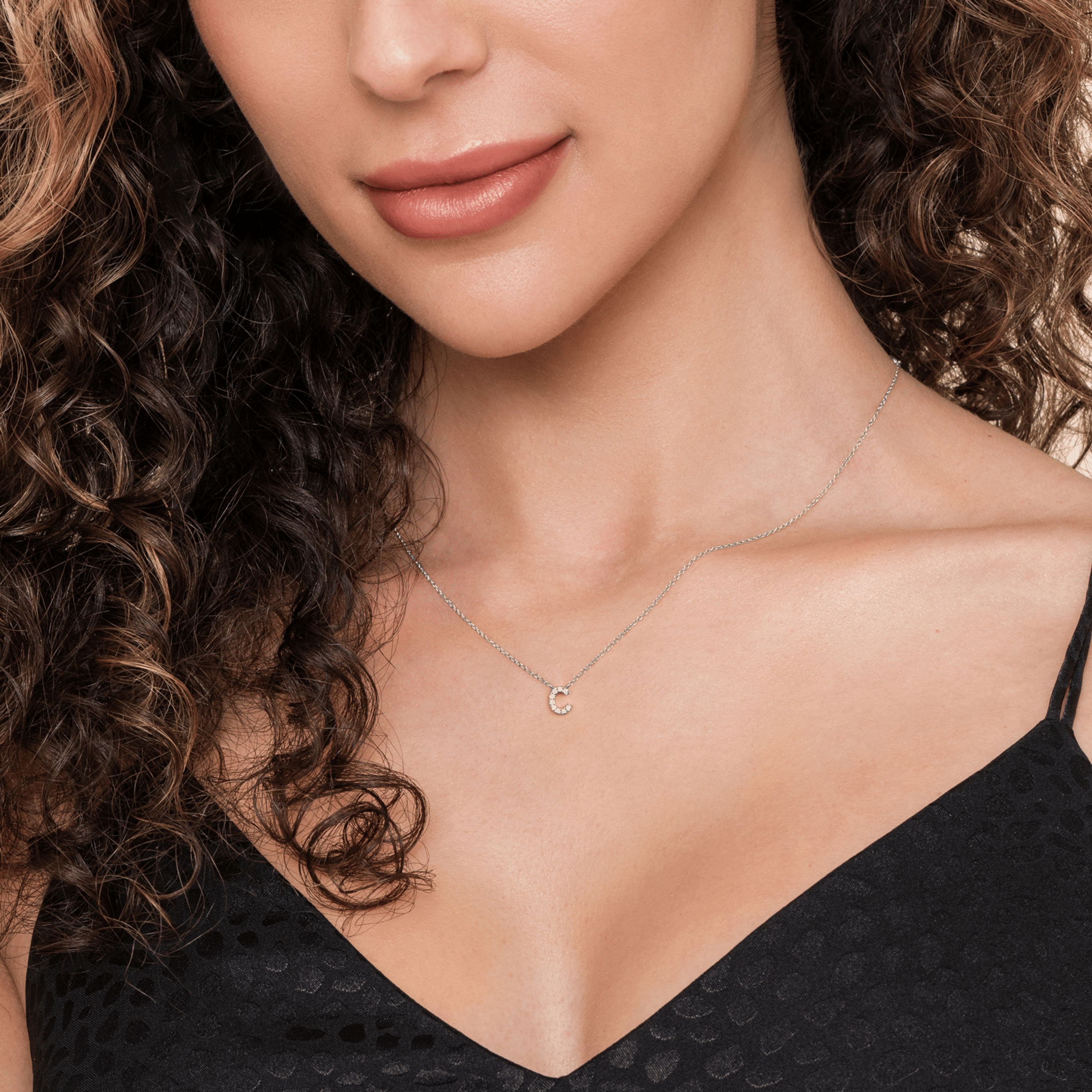 14K White Gold Diamond C Initial Pendant Necklace