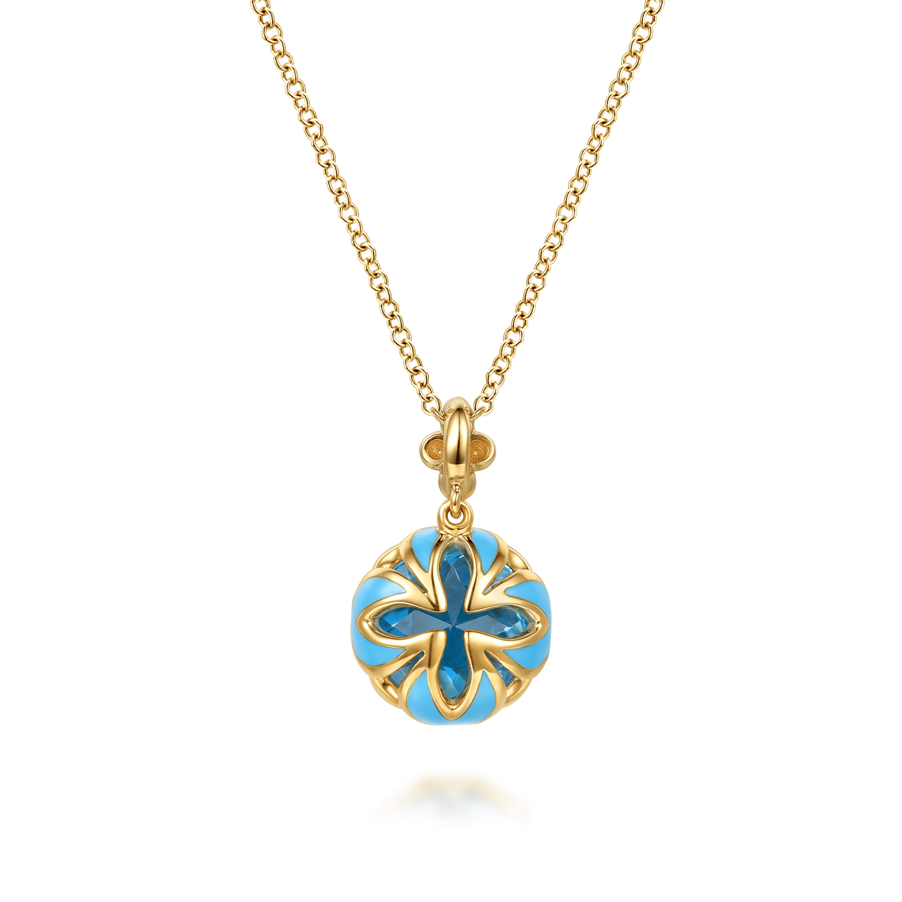 14K Yellow Gold Bujukan Blue Topaz Clover Pendant Necklace with Dusk Blue Enamel