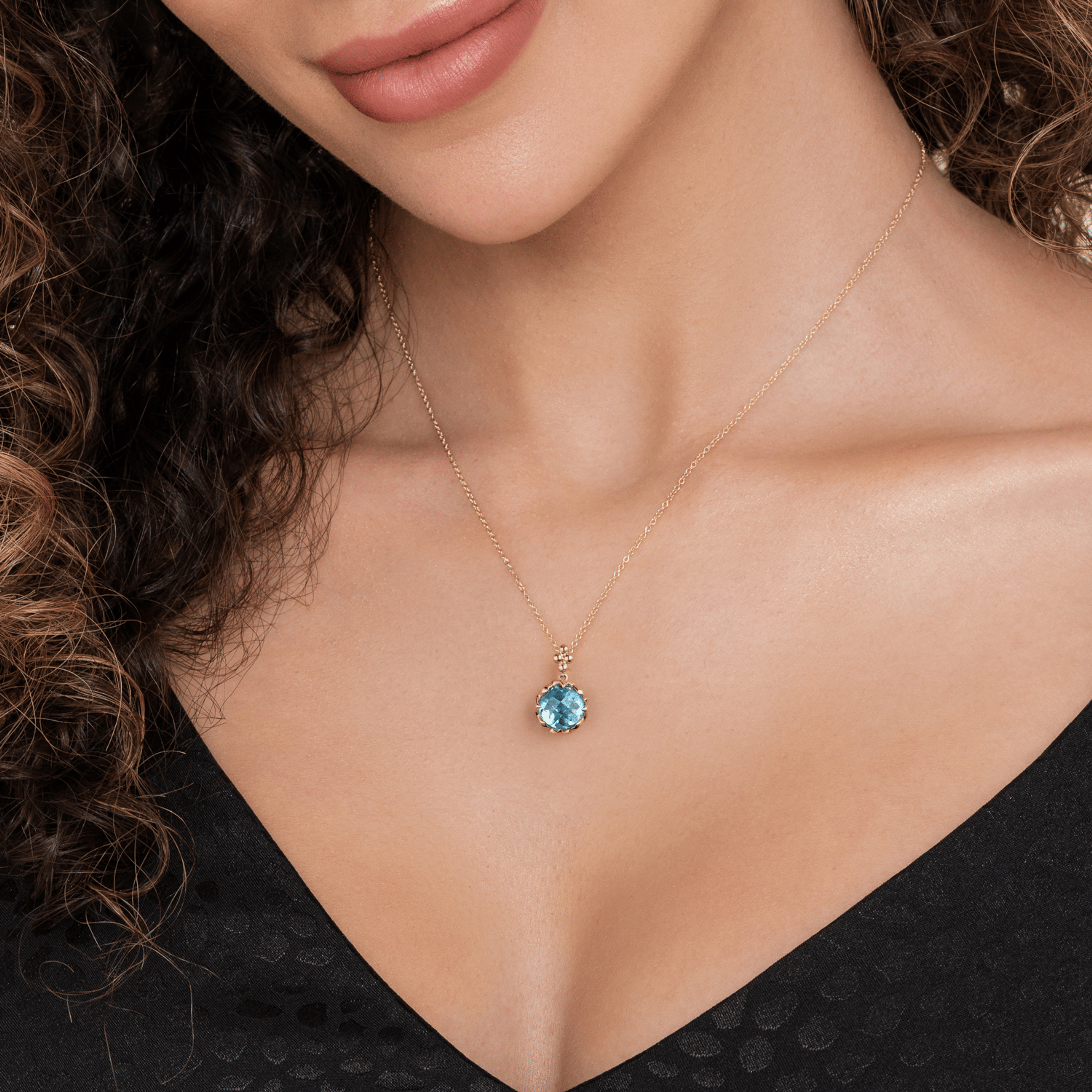 14K Yellow Gold Bujukan Blue Topaz Clover Pendant Necklace with Dusk Blue Enamel