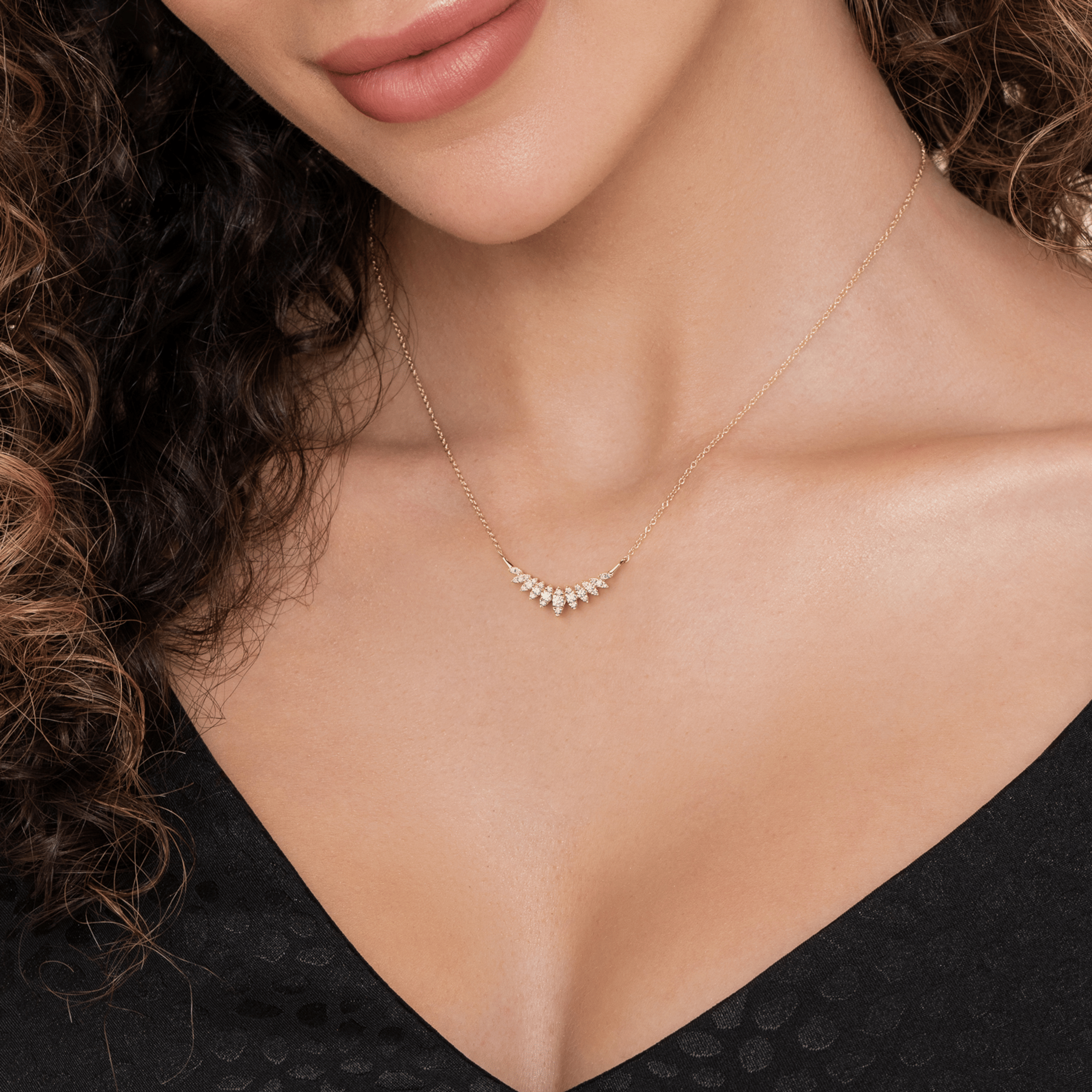 14K Yellow Gold Diamond Marquise Curved Bar Necklace