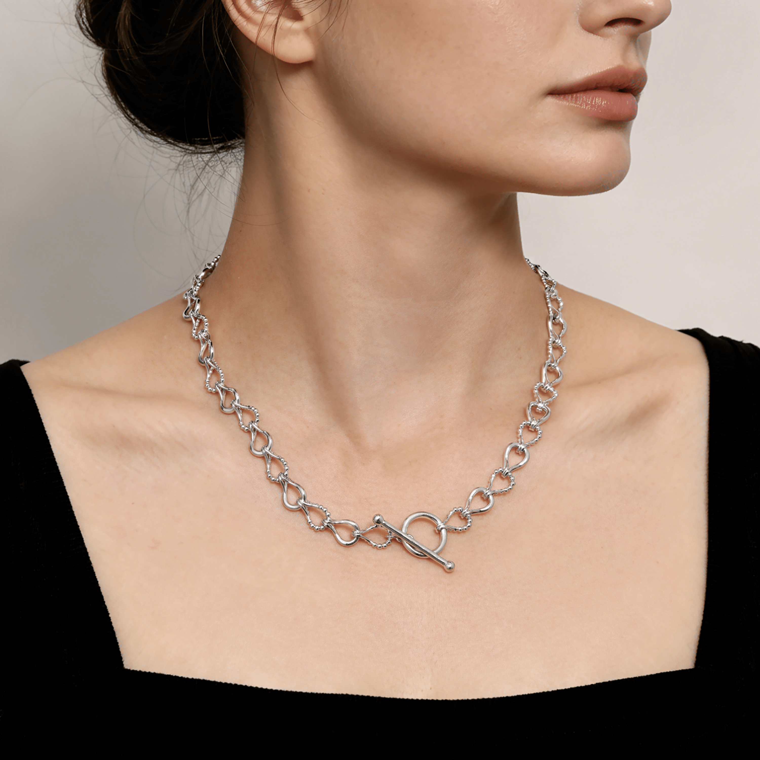 925 Sterling Silver Bujukan Beaded Stirrup Link Chain Necklace