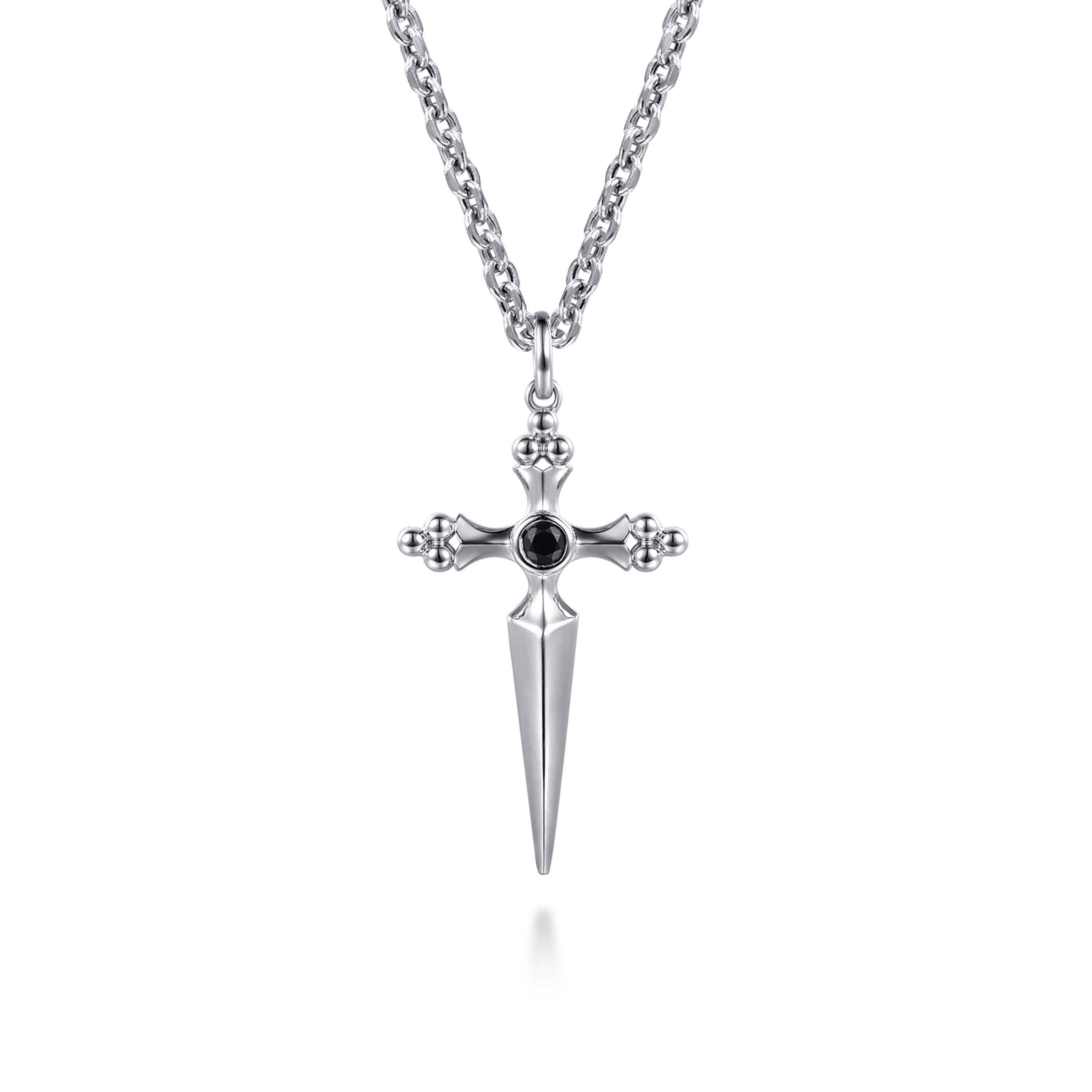 925 Sterling Silver Black Spinel Dagger Pendant Necklace