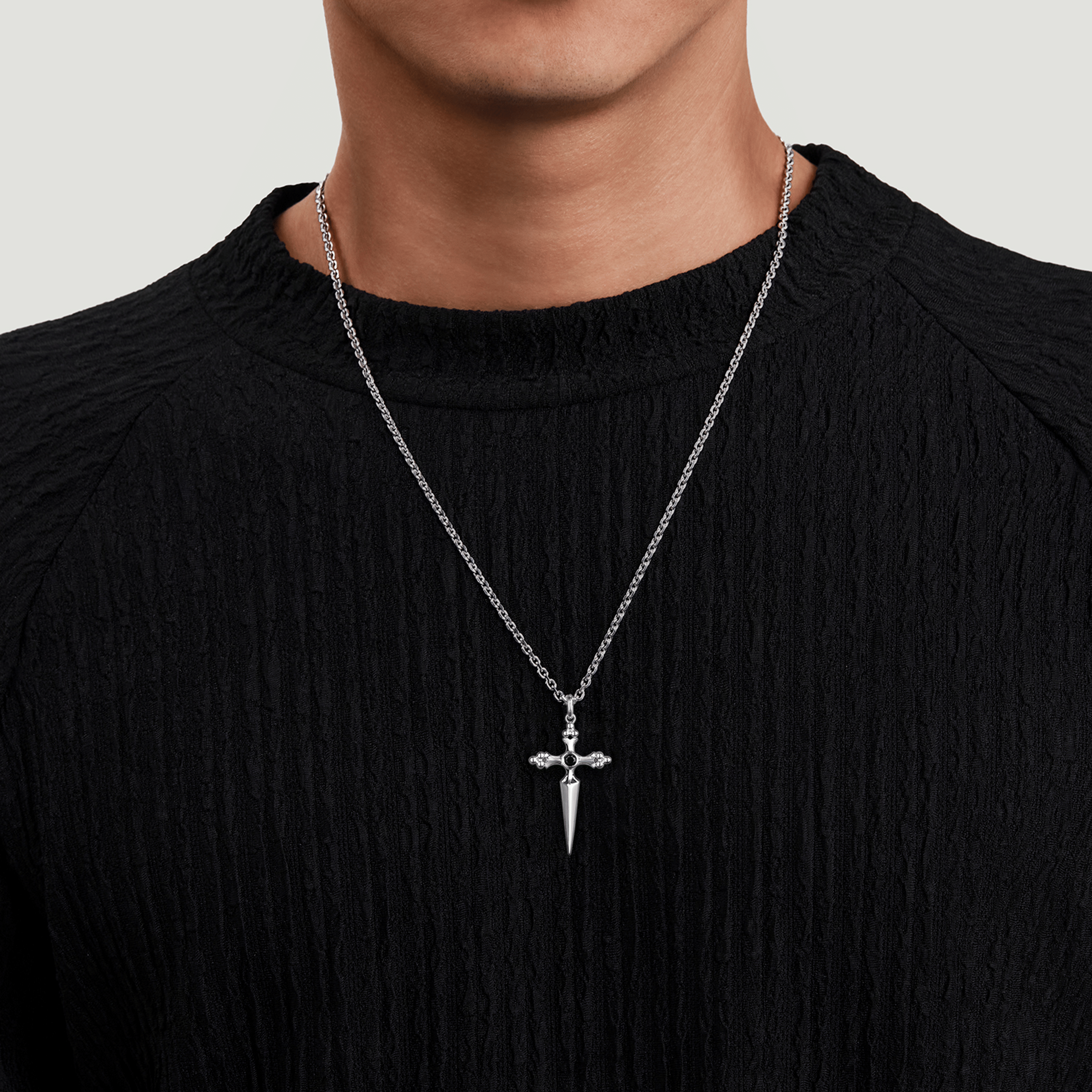 925 Sterling Silver Black Spinel Dagger Pendant Necklace
