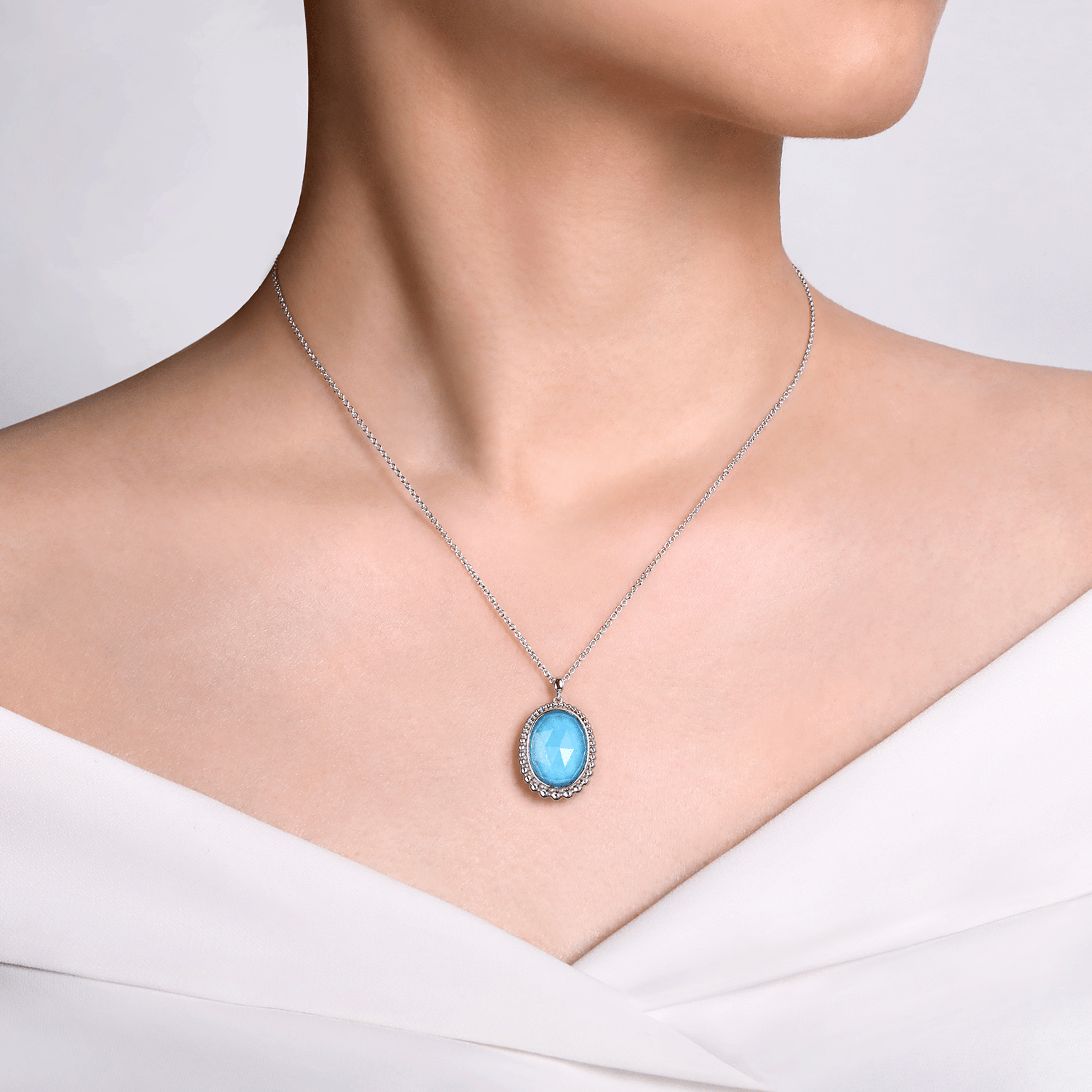 925 Sterling Silver Rock Crystal and Turquoise Pendant Necklace