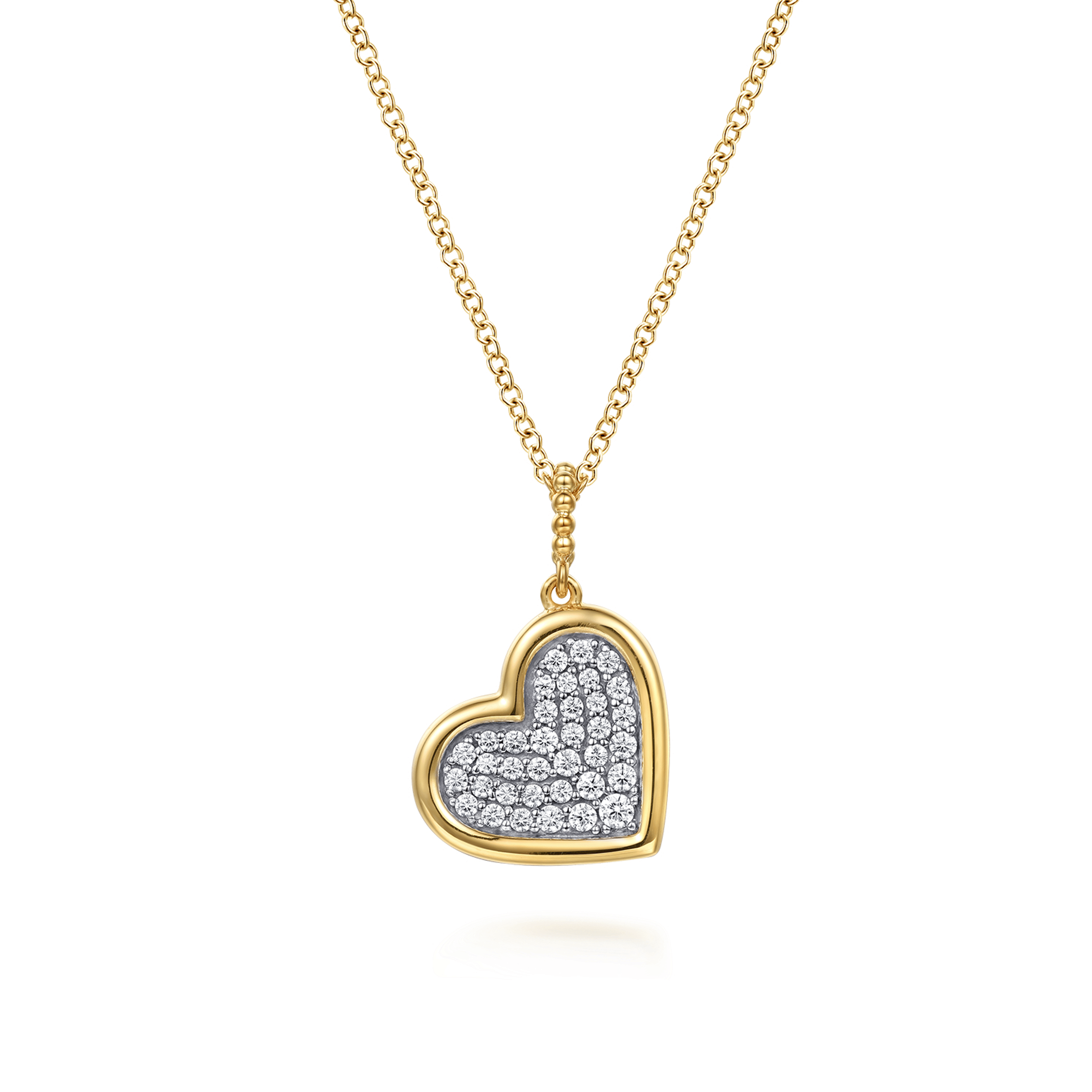 14K White Yellow Gold Bujukan and Diamond Pave Heart Pendant Necklace