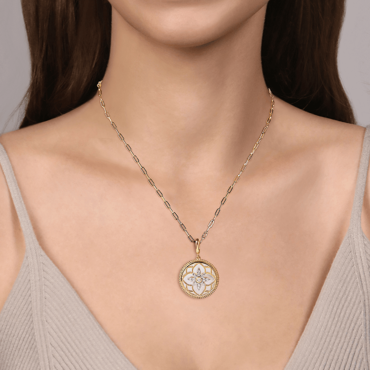 14K Yellow Gold Bujukan Diamond and Mother of Pearl Medallion Pendant