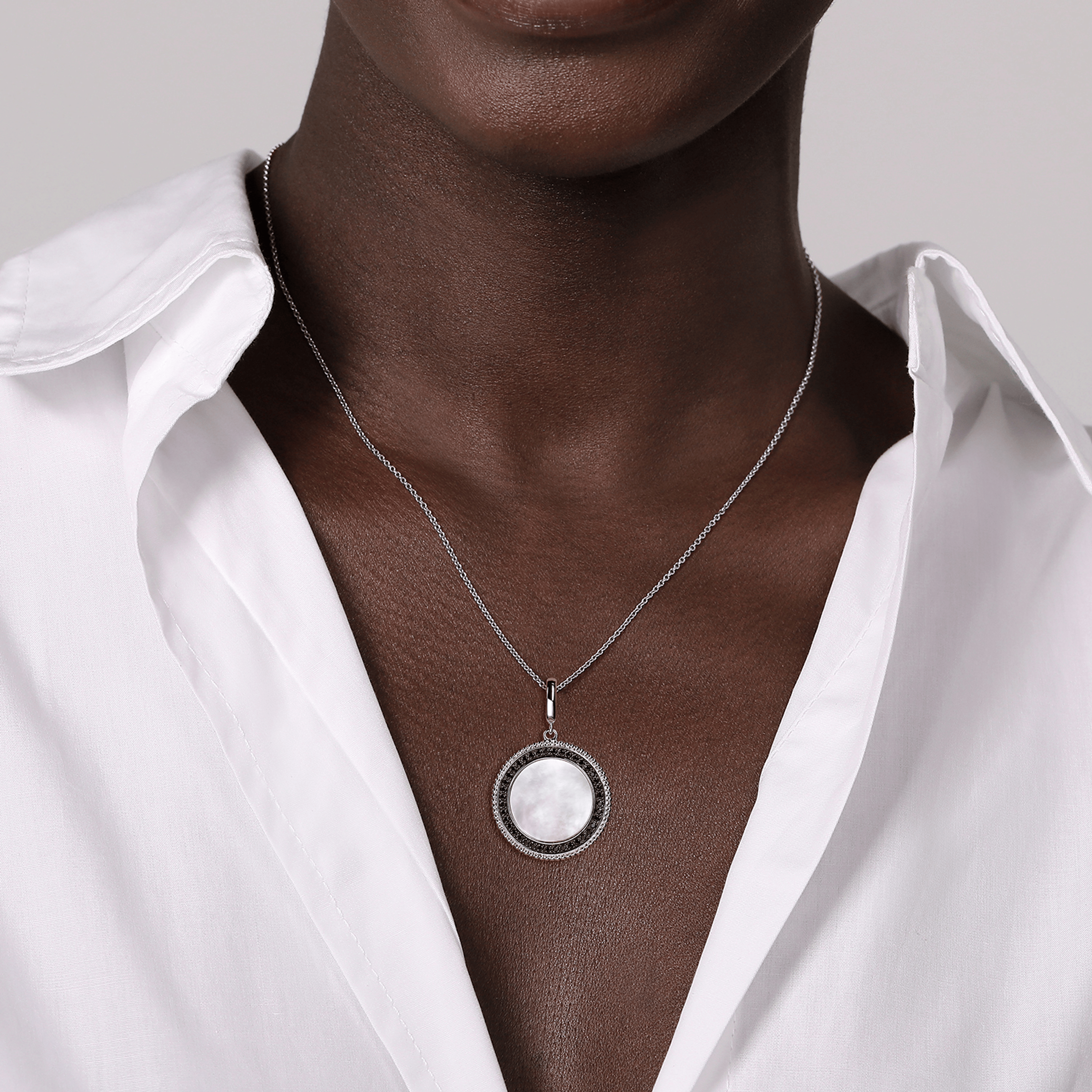 925 Sterling Silver White Mother Pearl and Black Spinel Bujukan Medallion Pendant