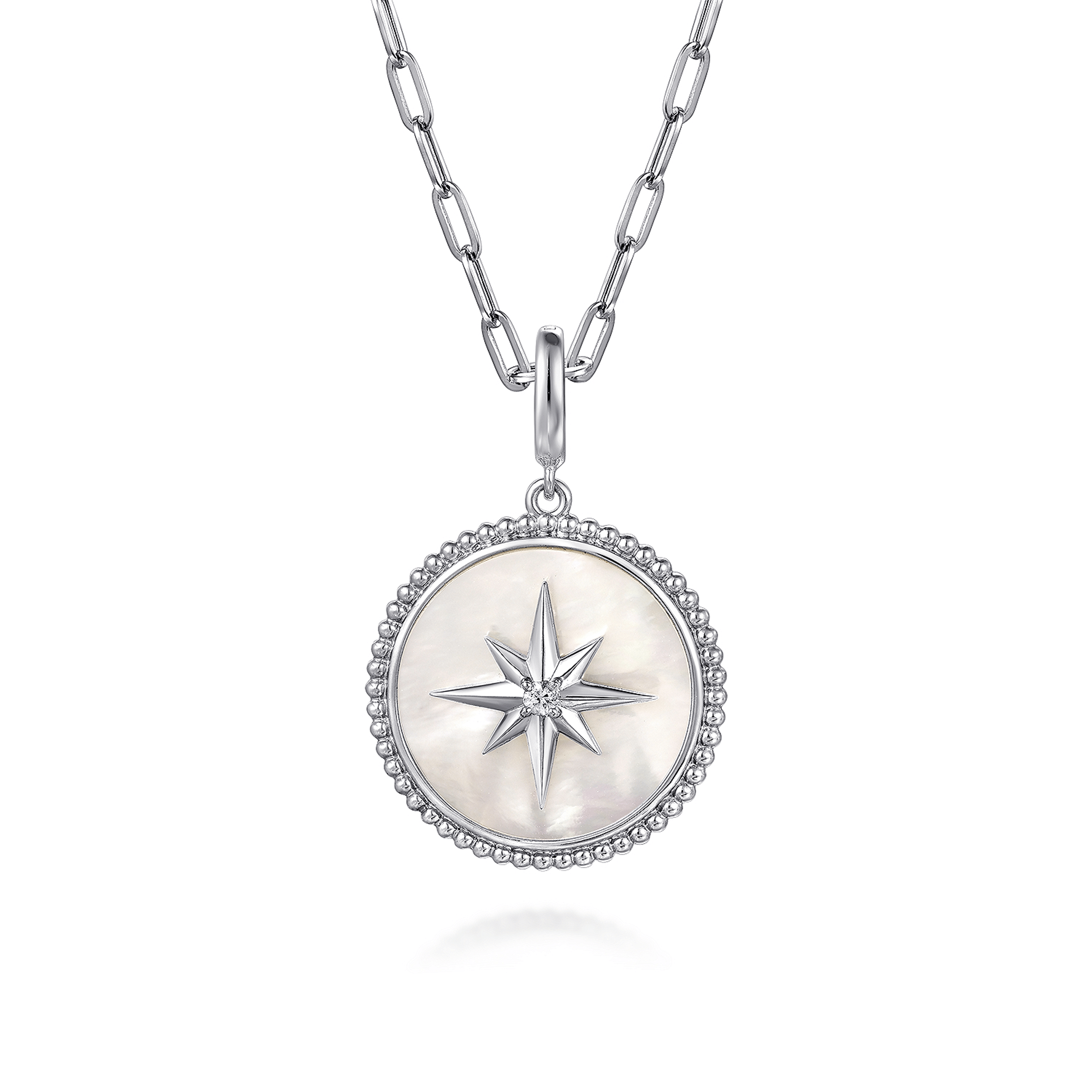 925 Sterling Silver White Sapphire and Mother Of Pearl Medallion Pendant