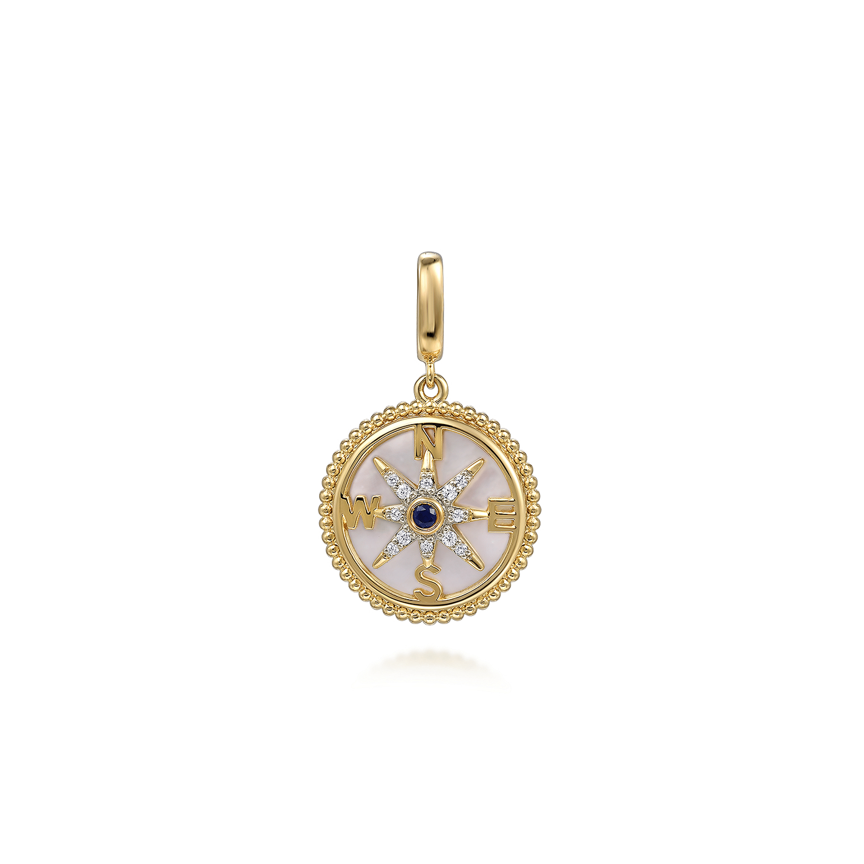 14K Yellow Gold Bujukan Diamond Compass Mother of Pearl Medallion Pendant