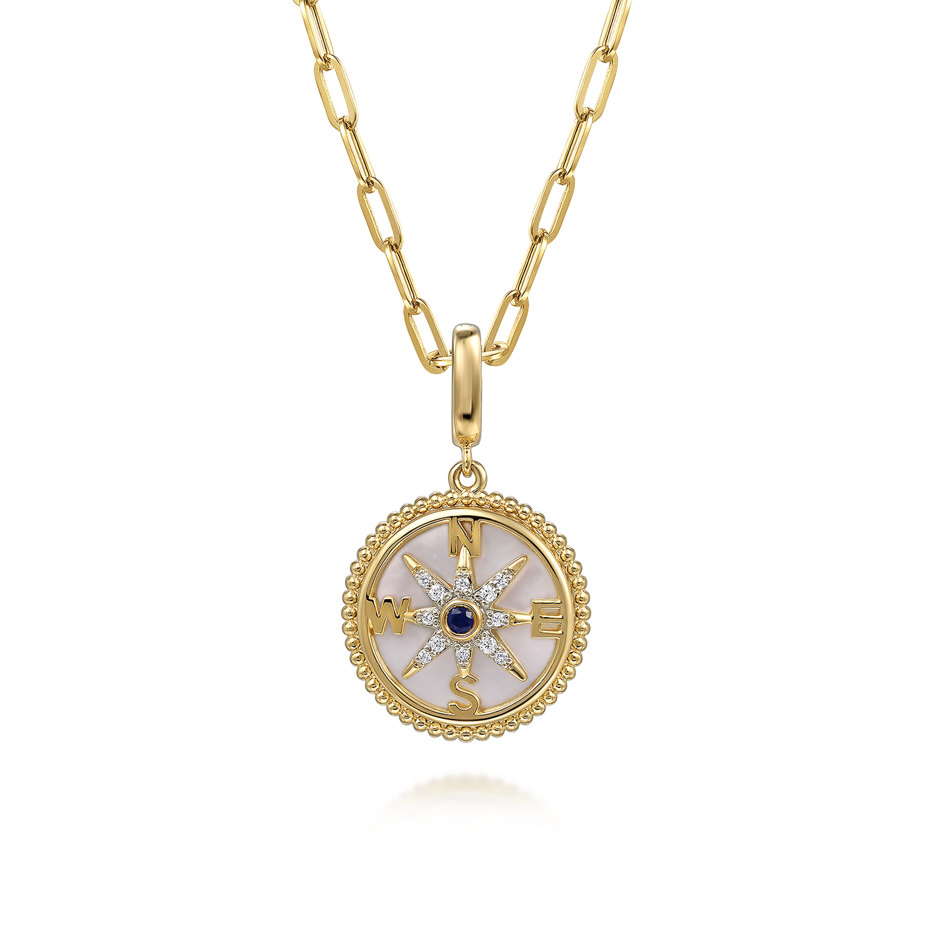 14K Yellow Gold Bujukan Diamond Compass Mother of Pearl Medallion Pendant