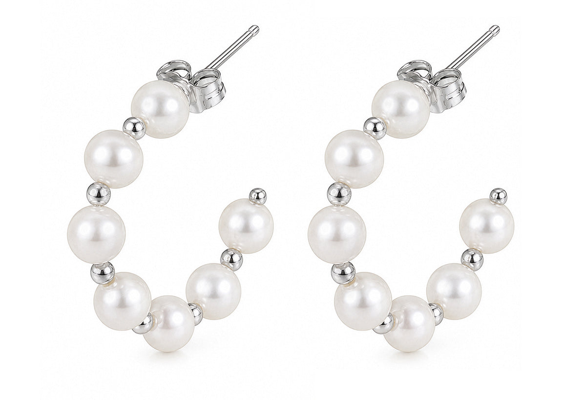 Sterling Silver Rhodium Plated Beaded Freshwater Cultured Pearl Half Hoop Earrings