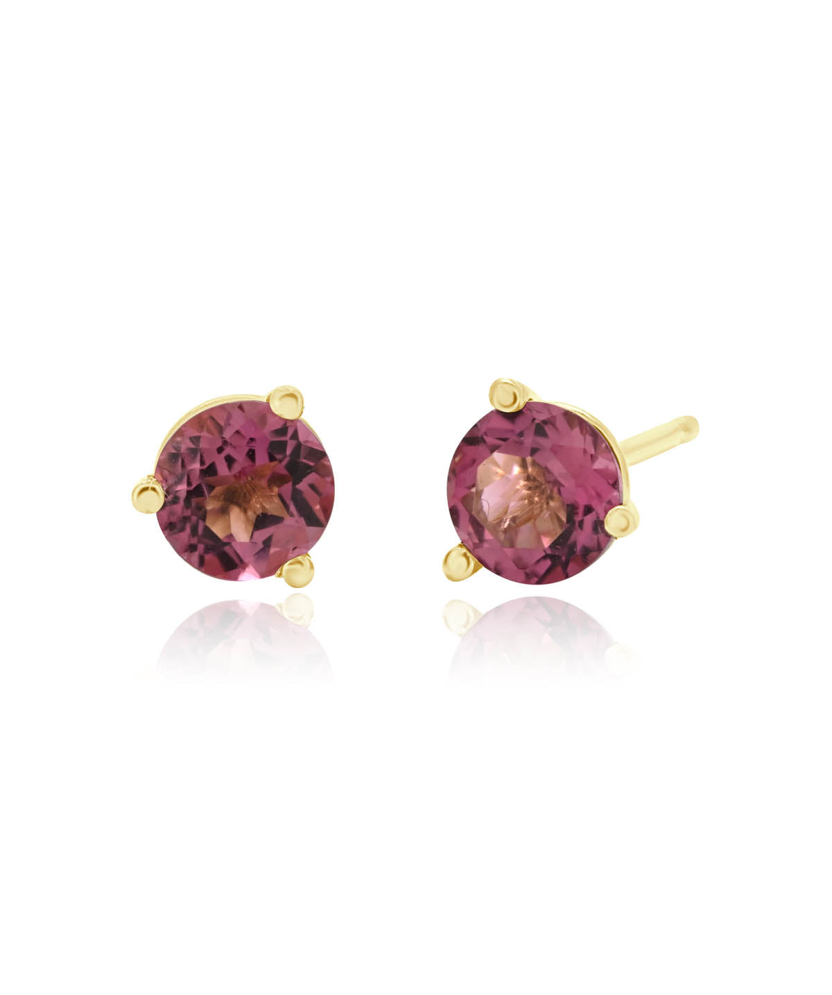 14K Yellow Gold 5mm Pink Tourmaline Three Prong Friction Back Stud Earrings