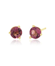 14K Yellow Gold 5mm Pink Tourmaline Three Prong Friction Back Stud Earrings