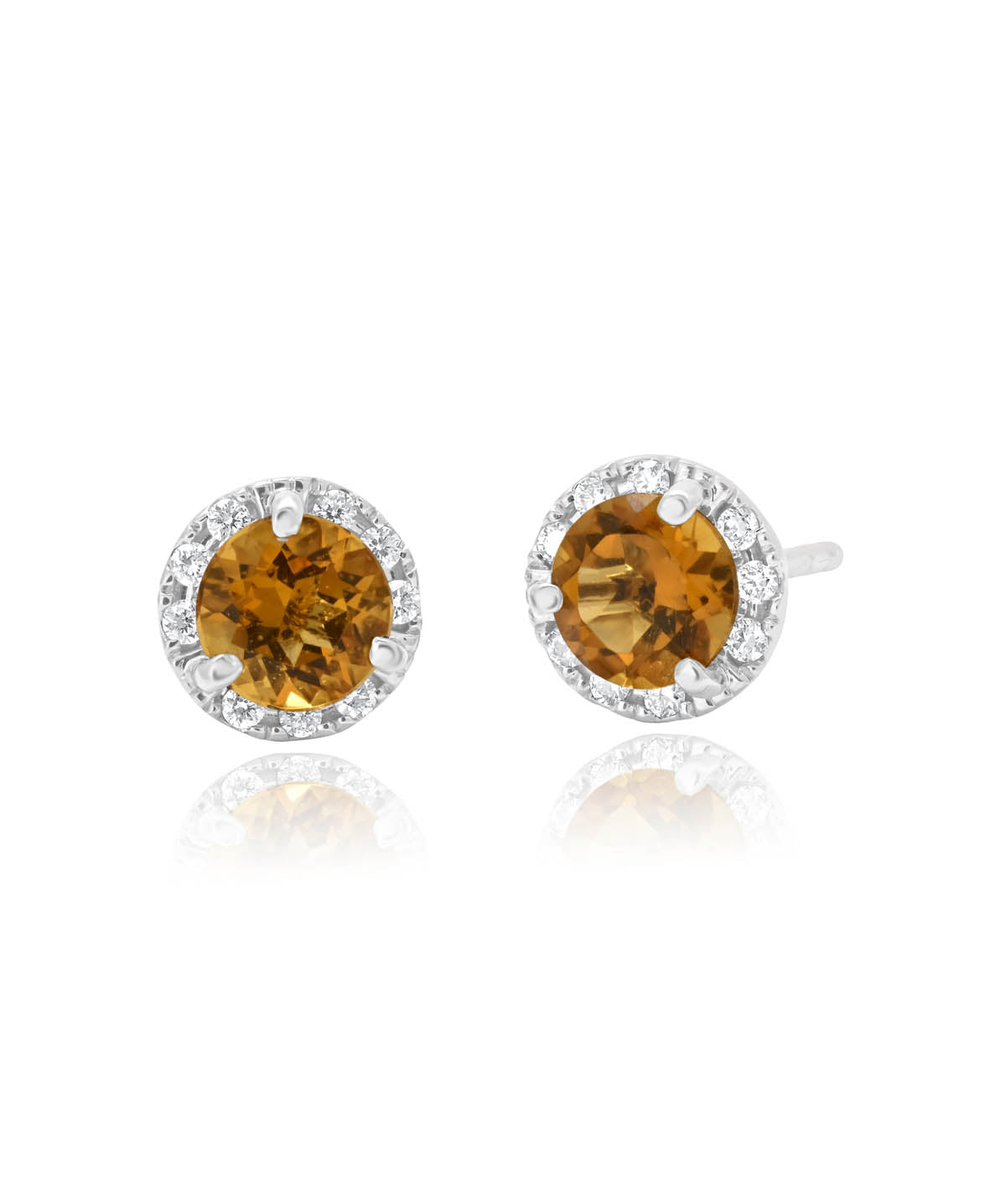 14K White Gold 5mm Citrine and Diamond Halo Stud Earrings