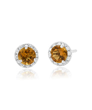 14K White Gold 5mm Citrine and Diamond Halo Stud Earrings