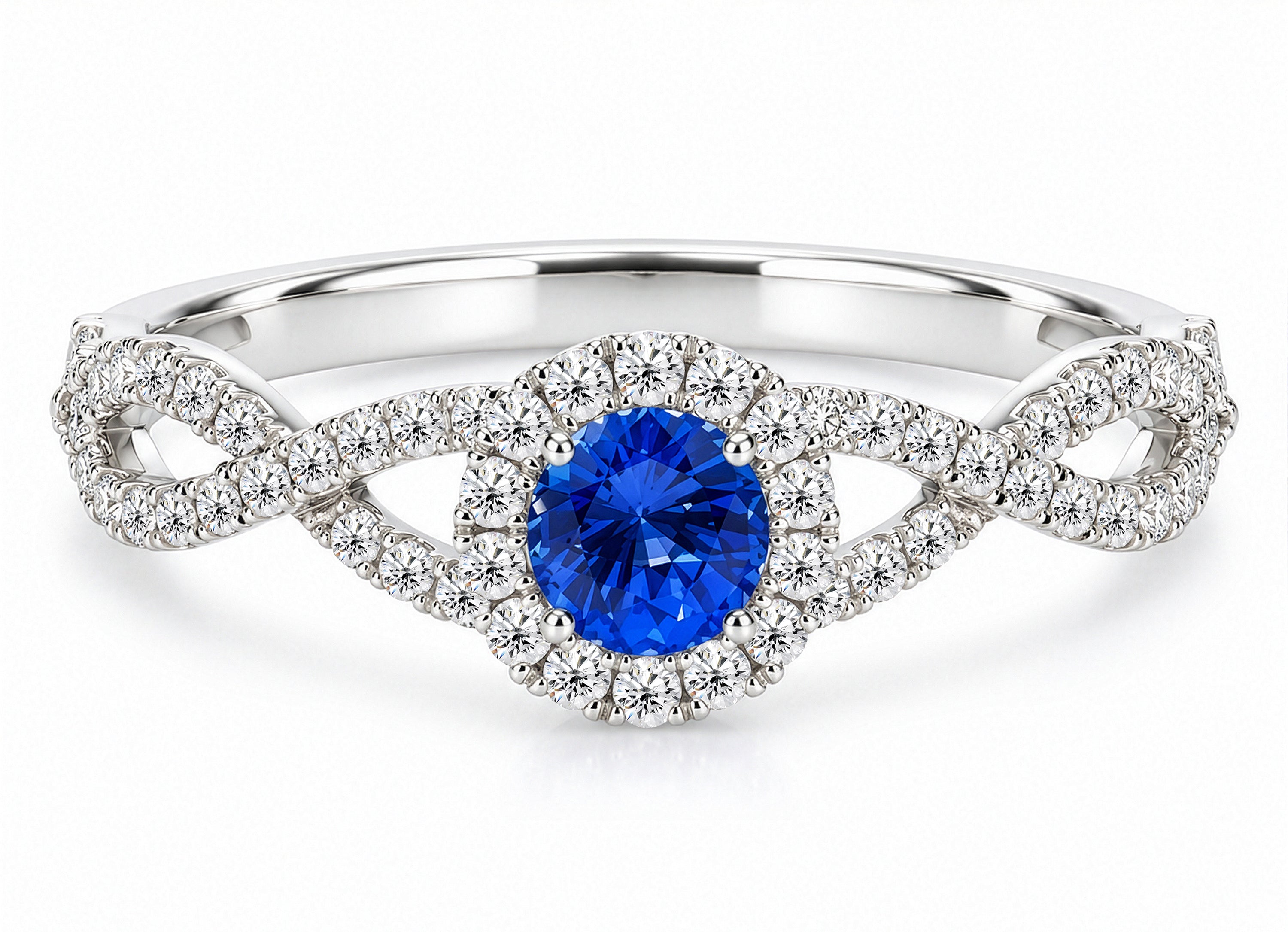 14K White Gold Diamond and 0.32ct Ceylon Sapphire Halo Twist Ring